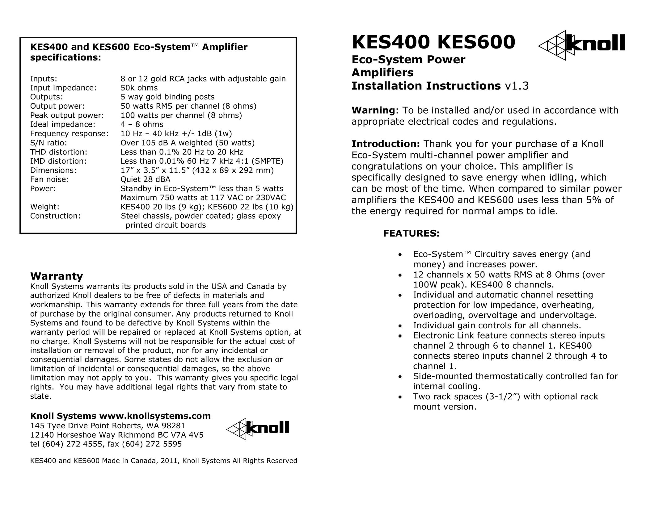 Knoll KES400 Stereo Amplifier User Manual