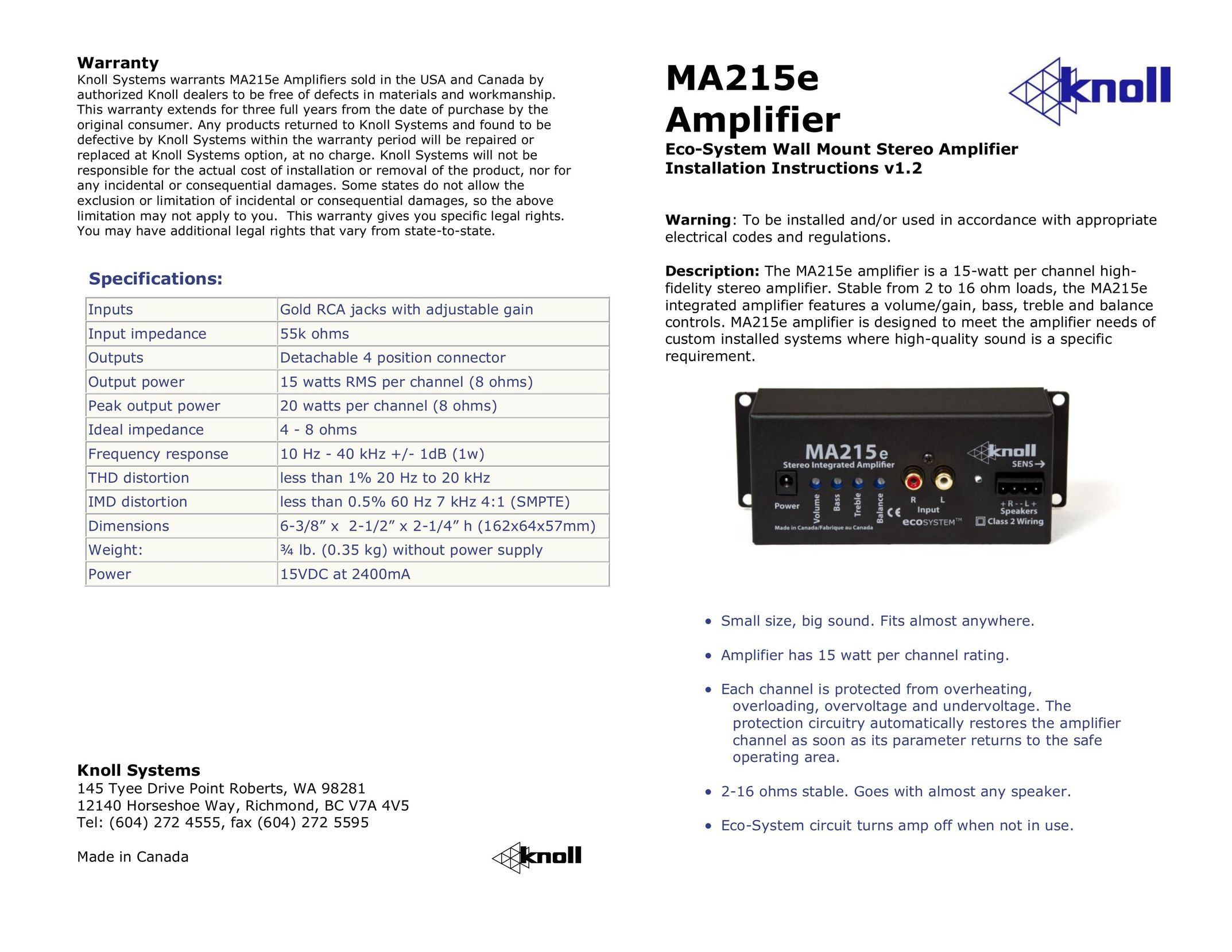 Knoll MA215E Stereo Amplifier User Manual
