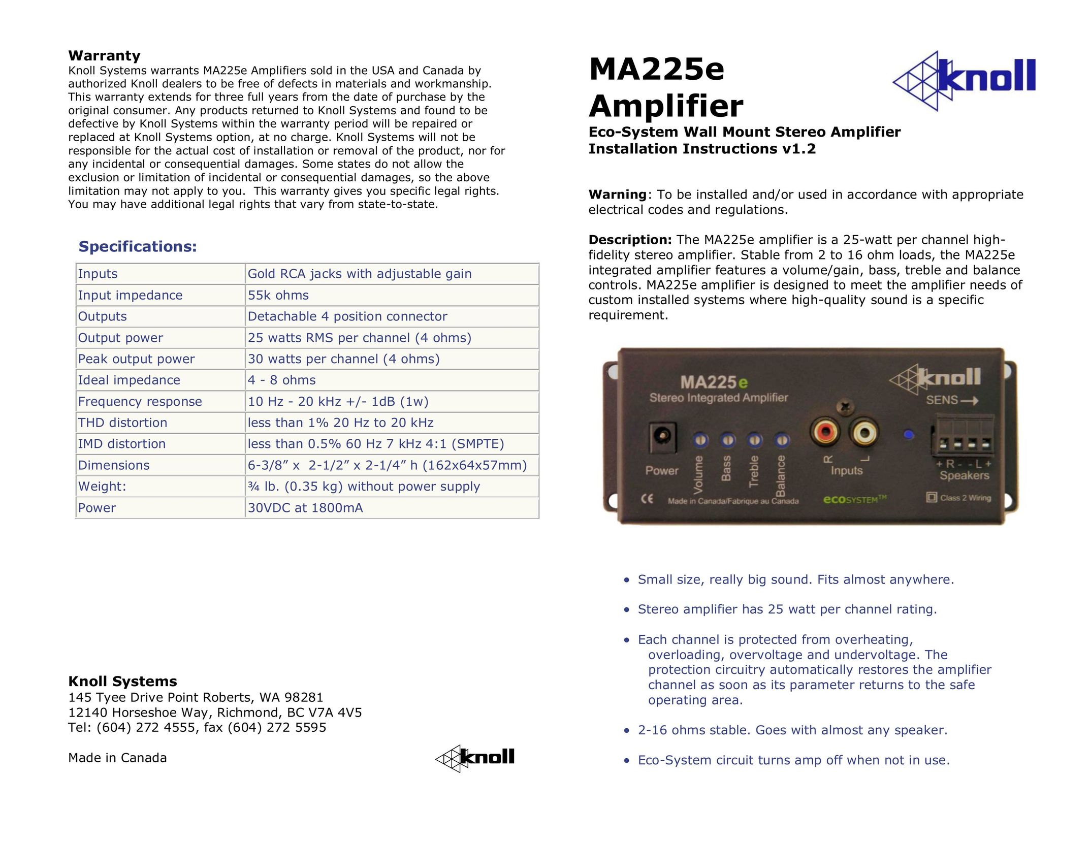 Knoll MA225E Stereo Amplifier User Manual