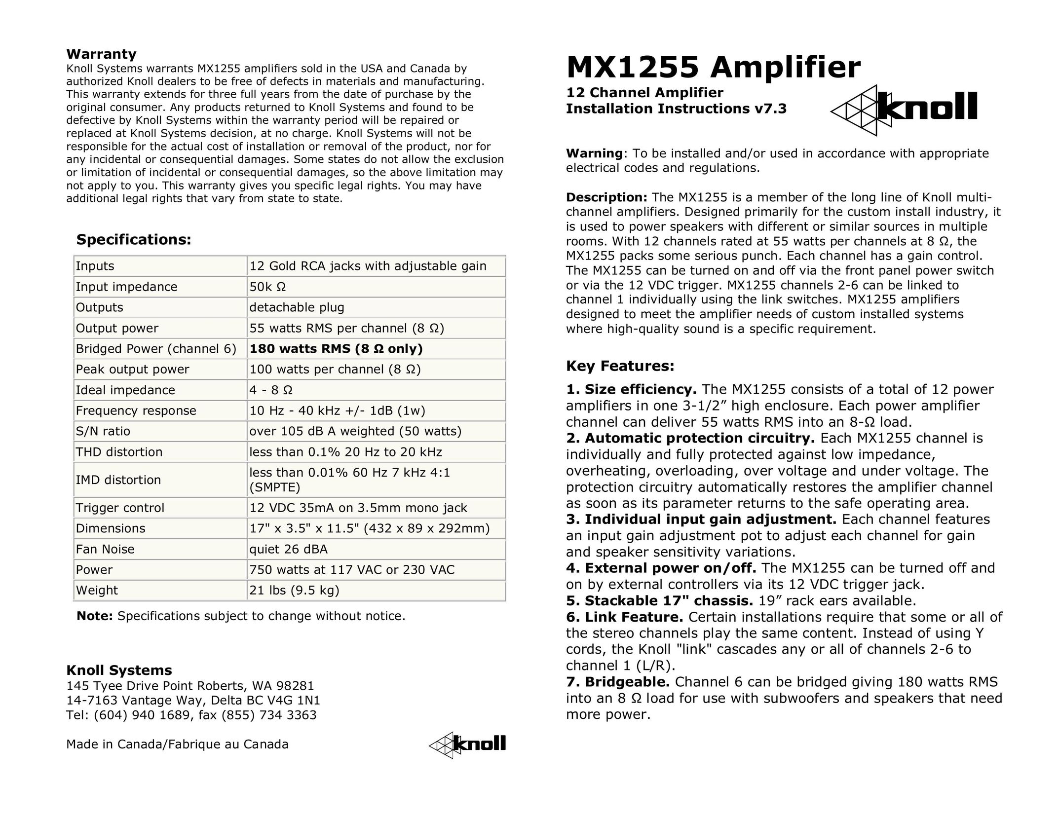 Knoll MX1255 Stereo Amplifier User Manual
