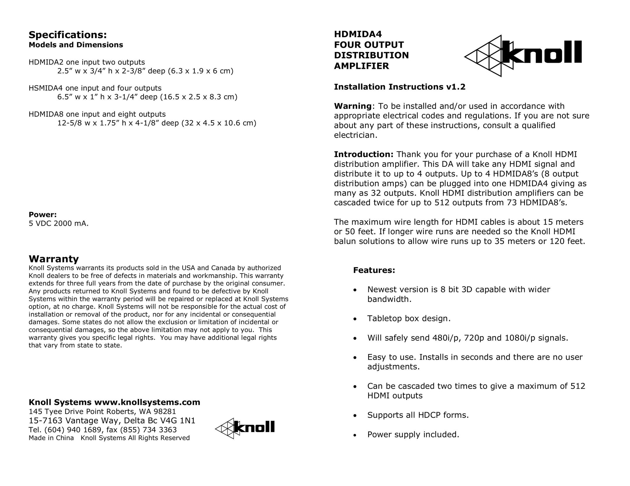 Knoll Systems HDMIDA8 Stereo Amplifier User Manual