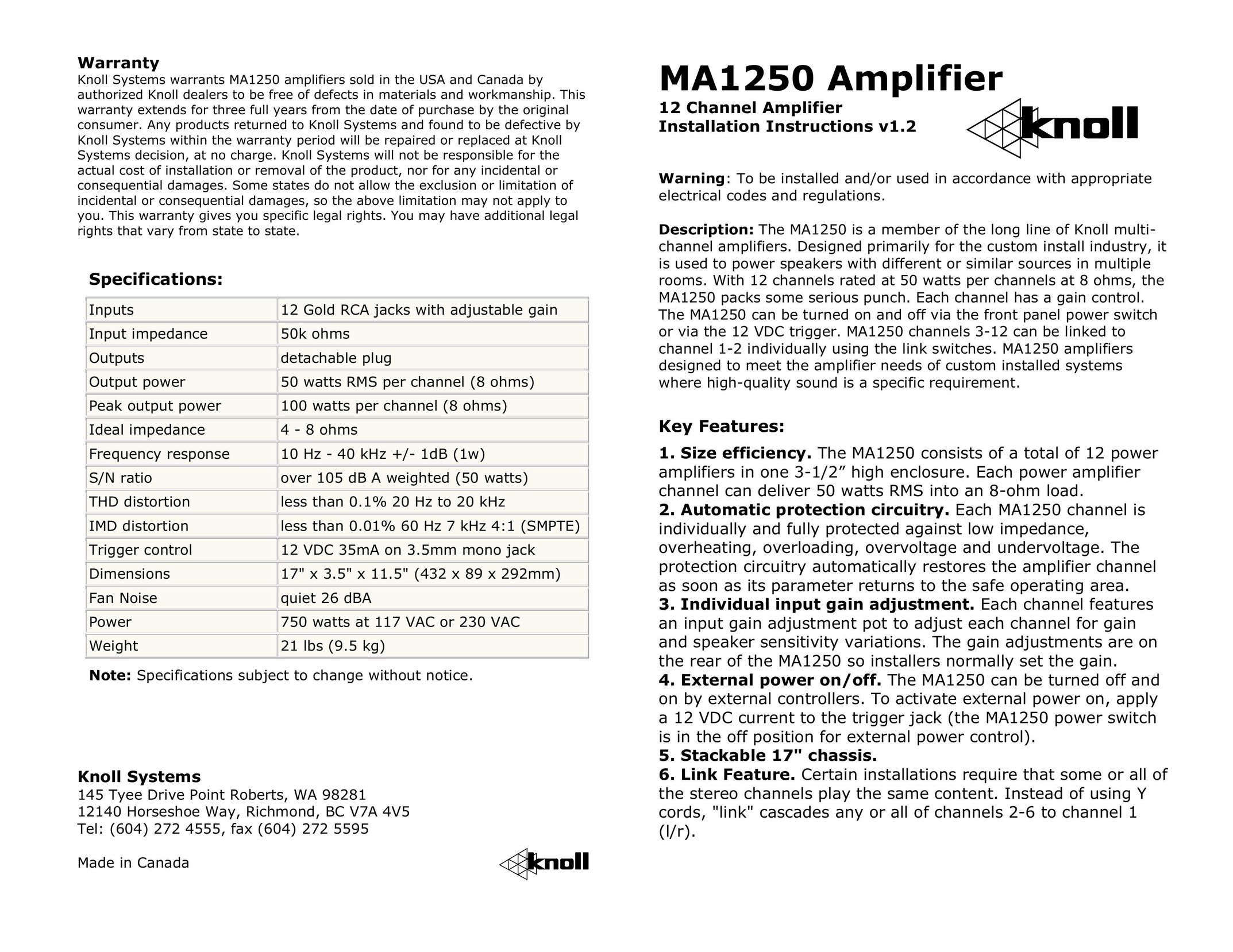 Knoll Systems MA1250 Stereo Amplifier User Manual