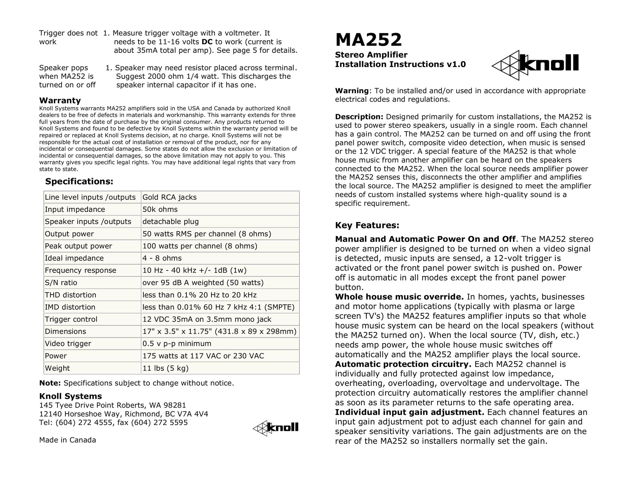 Knoll Systems MA252 Stereo Amplifier User Manual