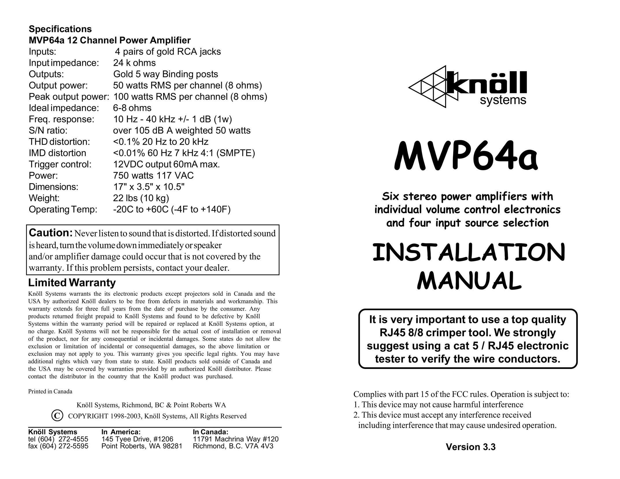 Knoll Systems MVP64A Stereo Amplifier User Manual
