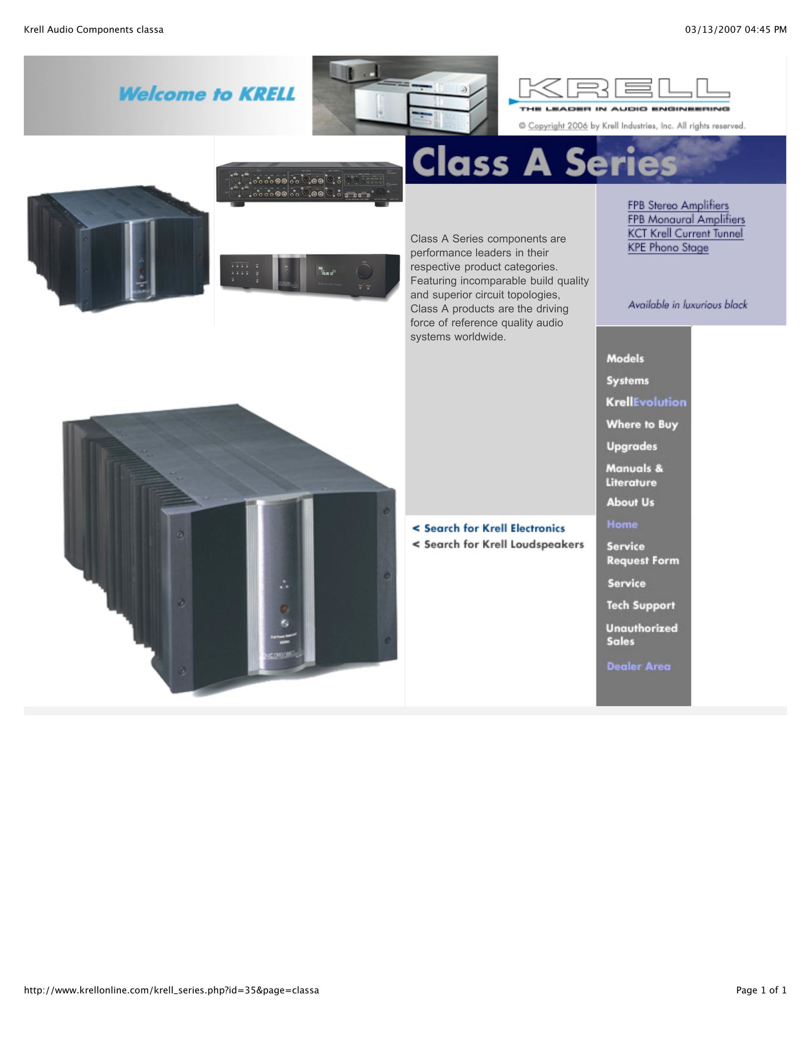 Krell Industries Class A Series Stereo Amplifier User Manual