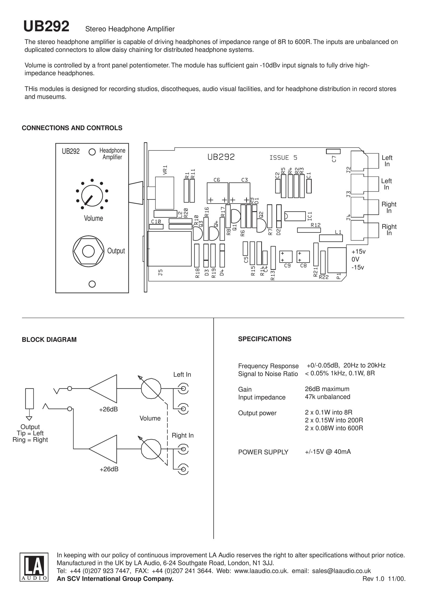 LA Audio Electronic UB292 Stereo Amplifier User Manual