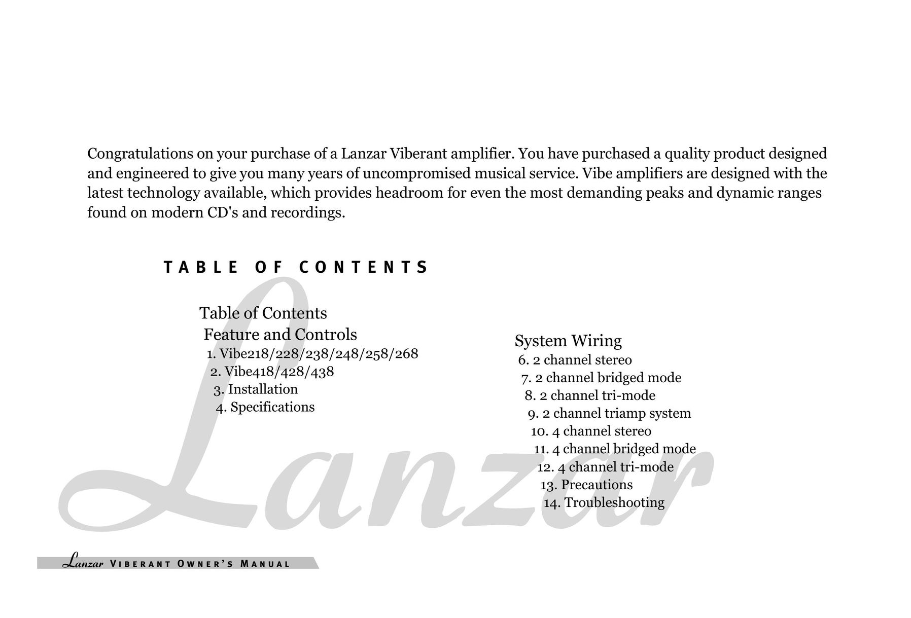 Lanzar Car Audio 258 Stereo Amplifier User Manual