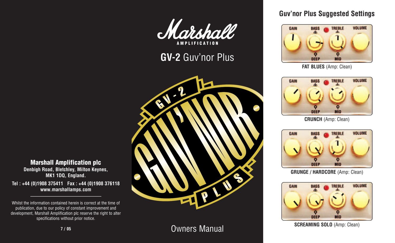Marshall Amplification GV-2 Stereo Amplifier User Manual