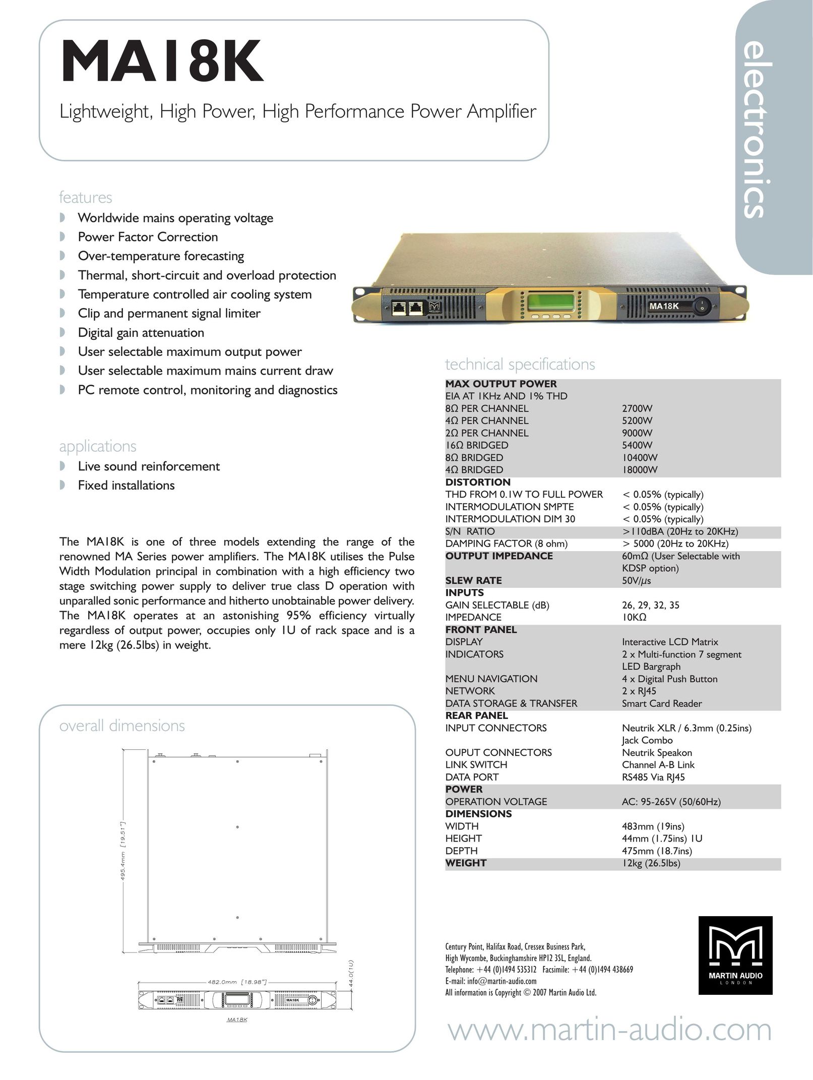 Martin Audio MA18K Stereo Amplifier User Manual