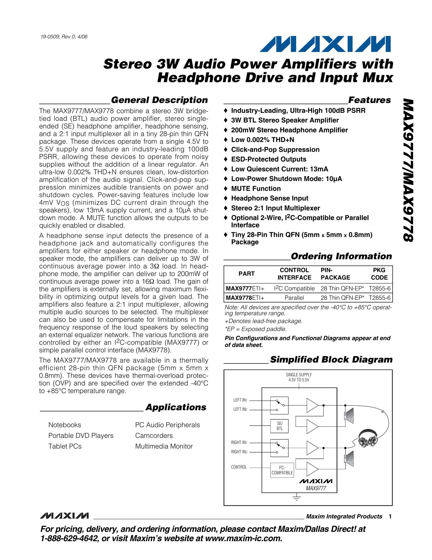 Maxim MAX9778 Stereo Amplifier User Manual