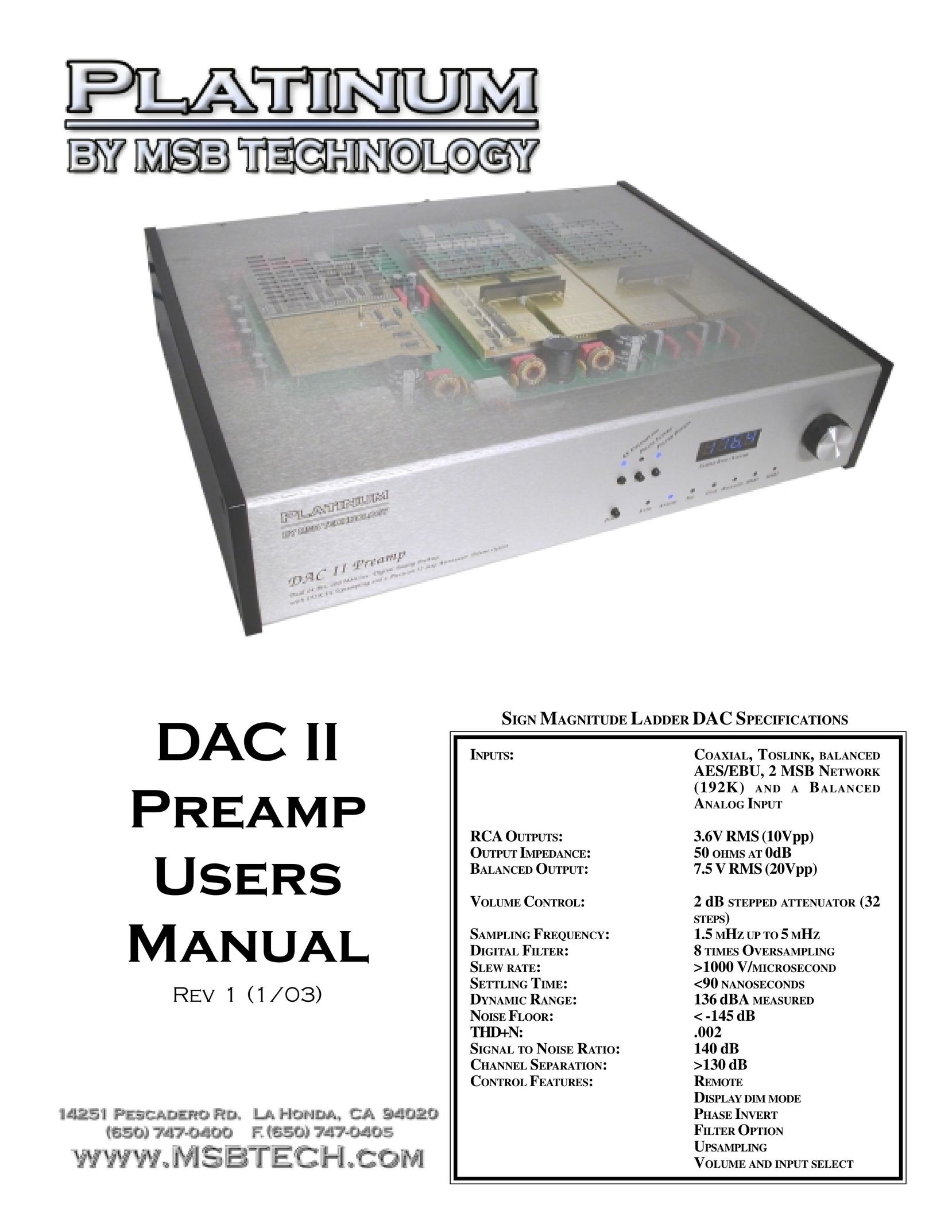 MSB Technology DAC II Stereo Amplifier User Manual