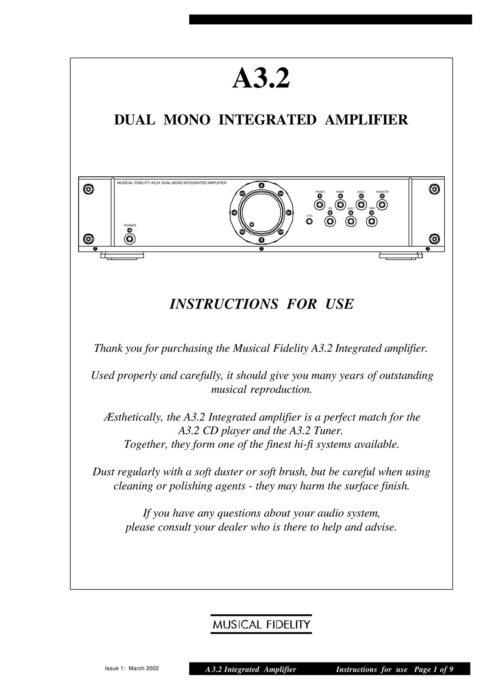 Musical Fidelity A3.2 Stereo Amplifier User Manual