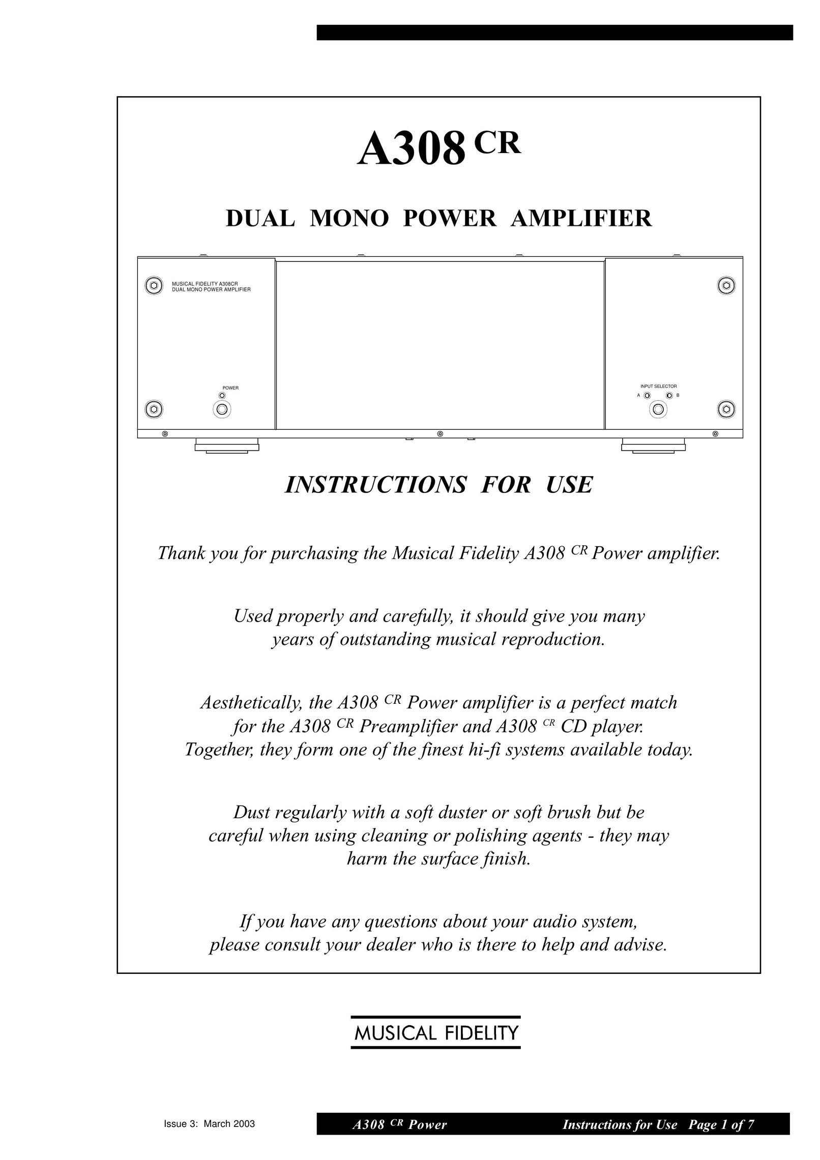 Musical Fidelity A308 Stereo Amplifier User Manual