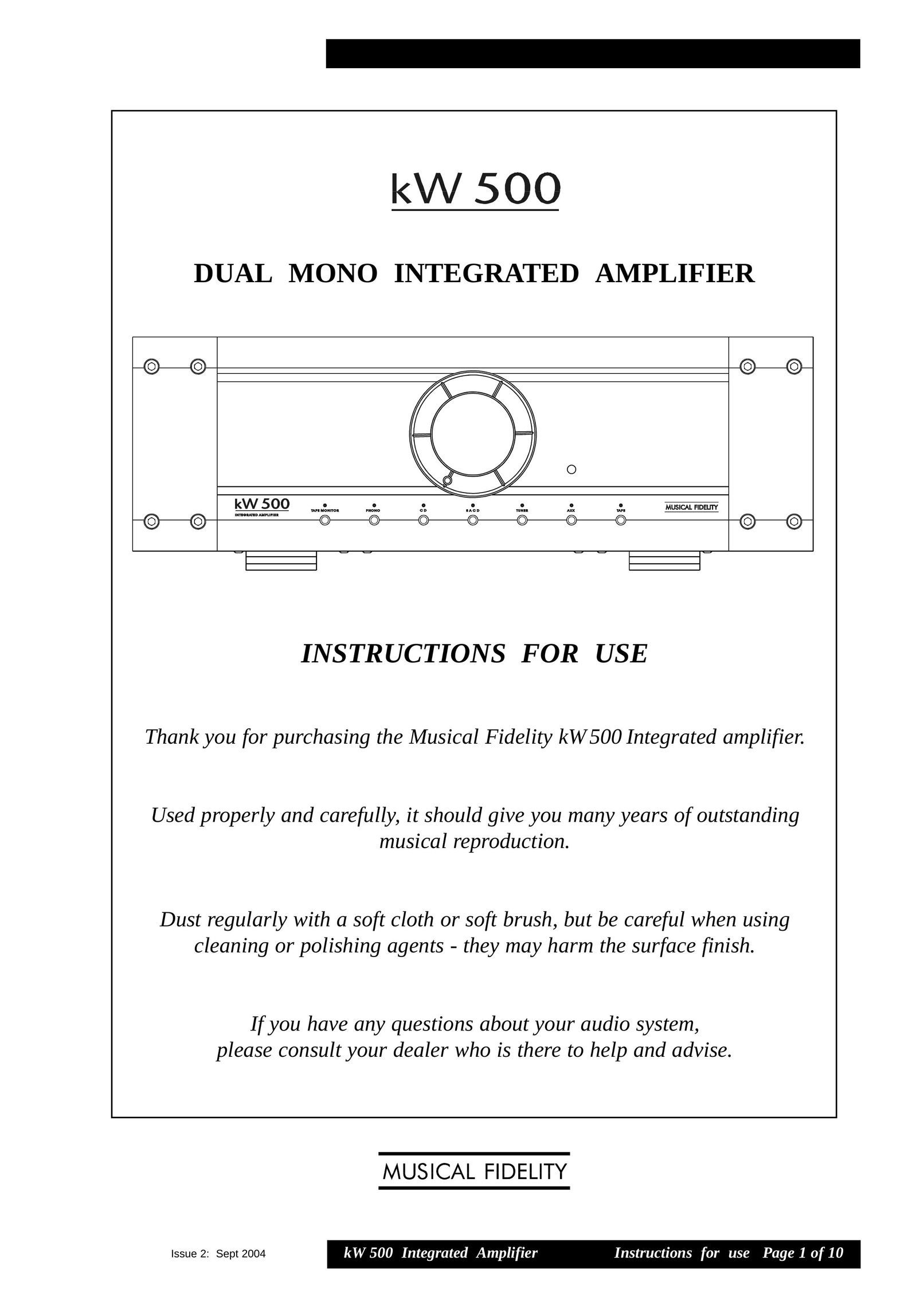 Musical Fidelity KW 500 Stereo Amplifier User Manual