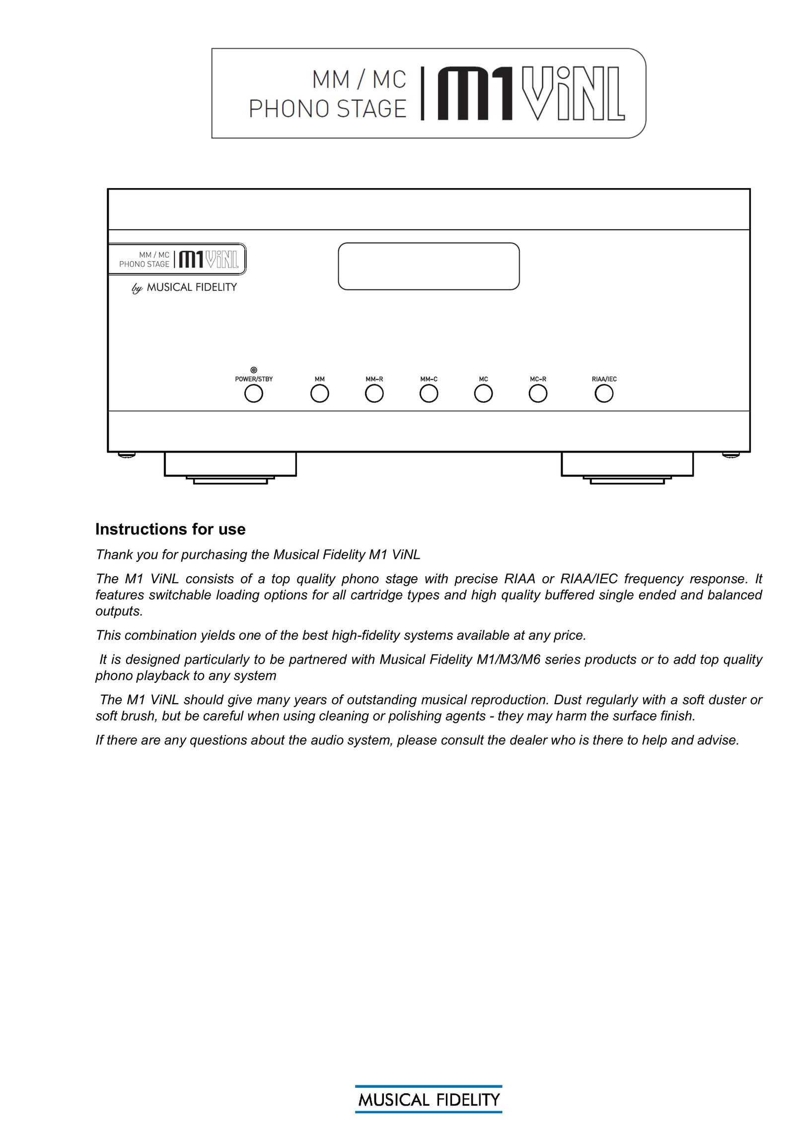 Musical Fidelity M1 VINL Stereo Amplifier User Manual