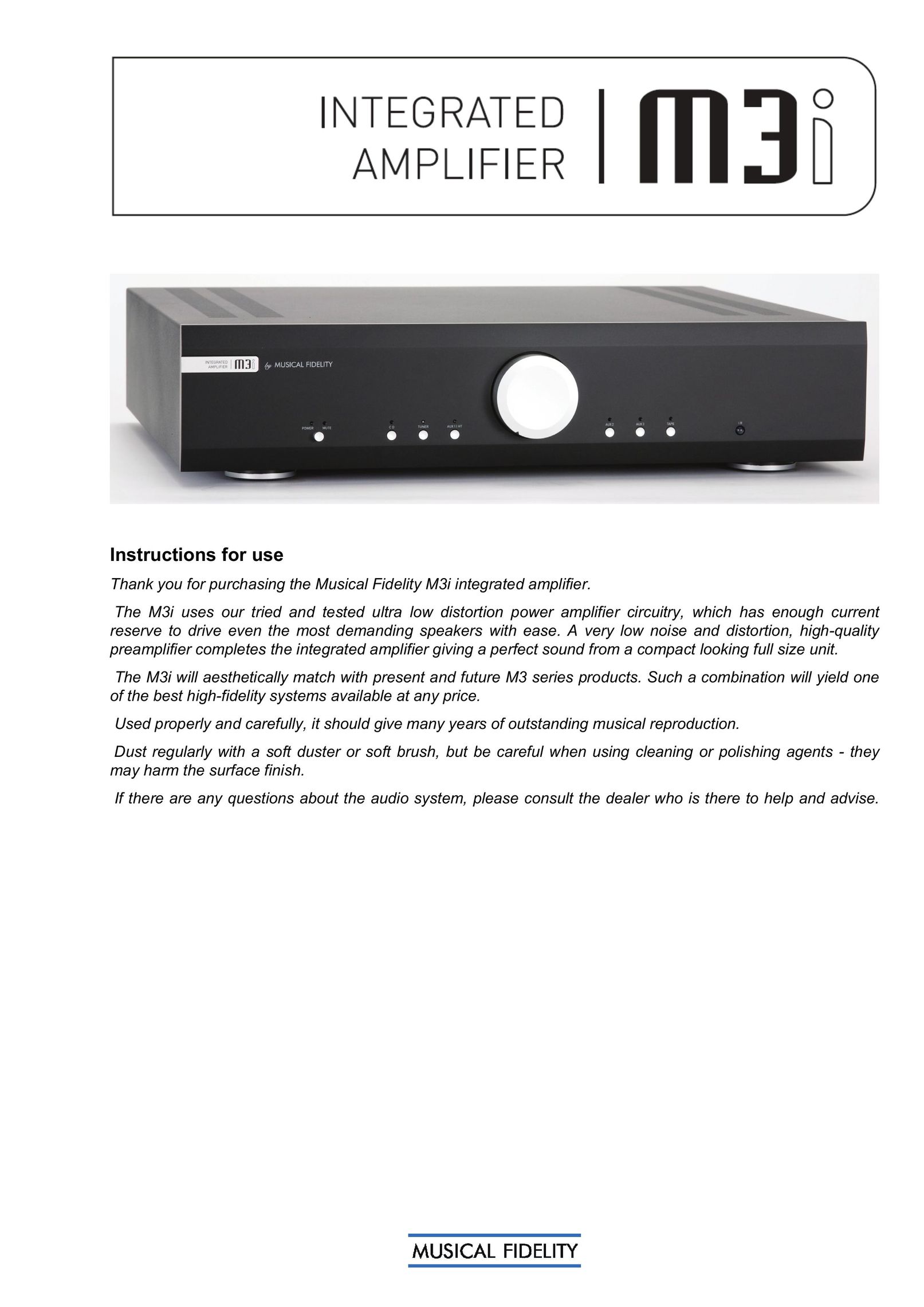 Musical Fidelity M3I Stereo Amplifier User Manual