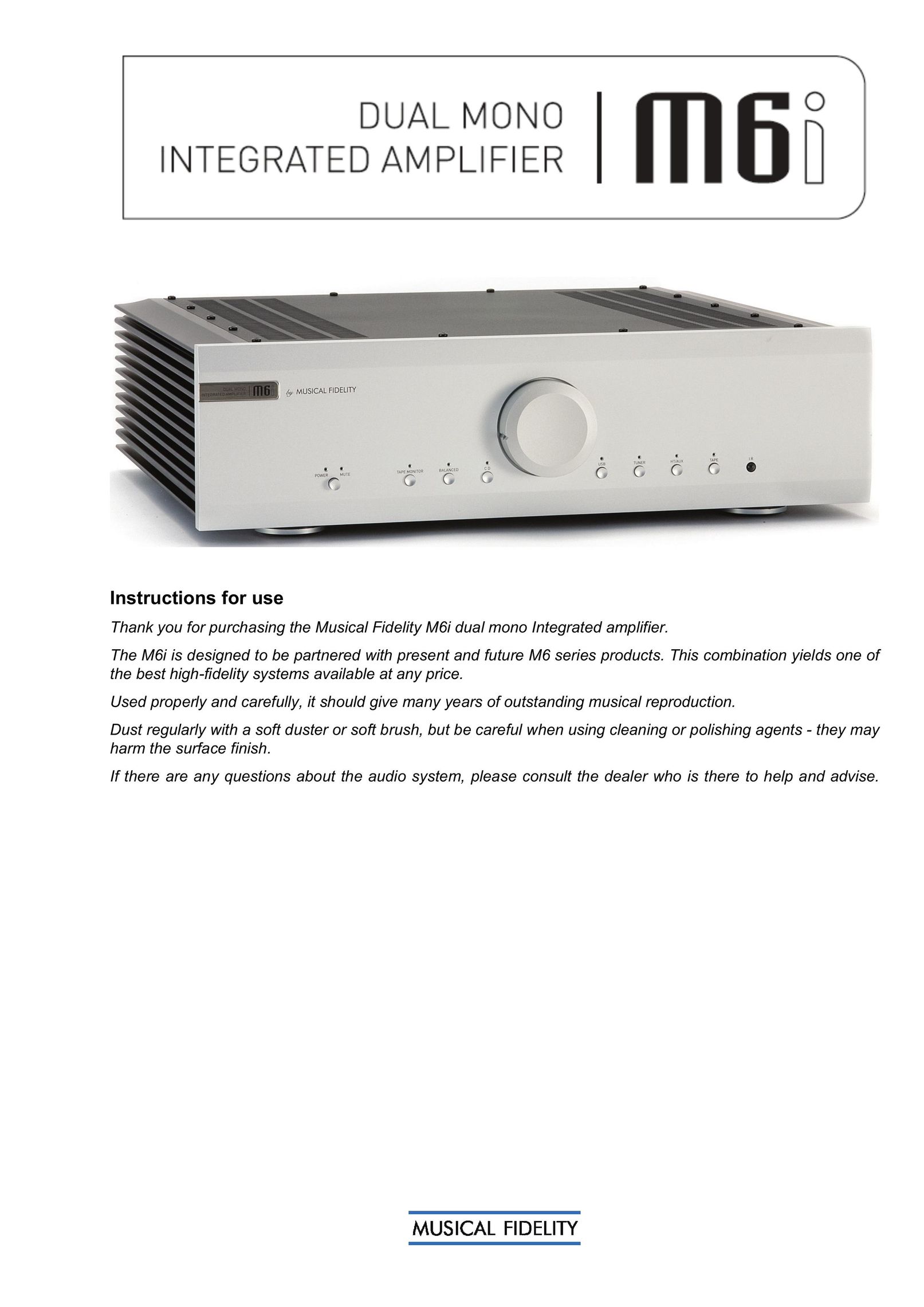 Musical Fidelity M6I Stereo Amplifier User Manual