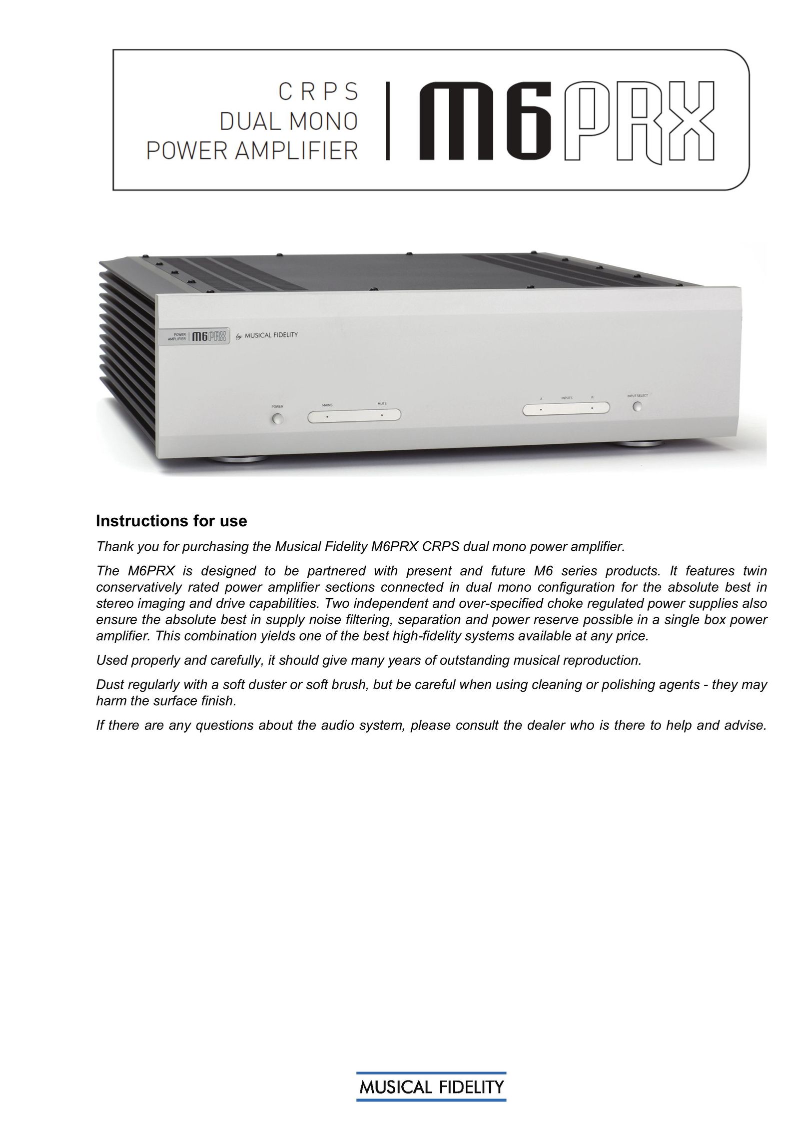 Musical Fidelity M6PRX Stereo Amplifier User Manual