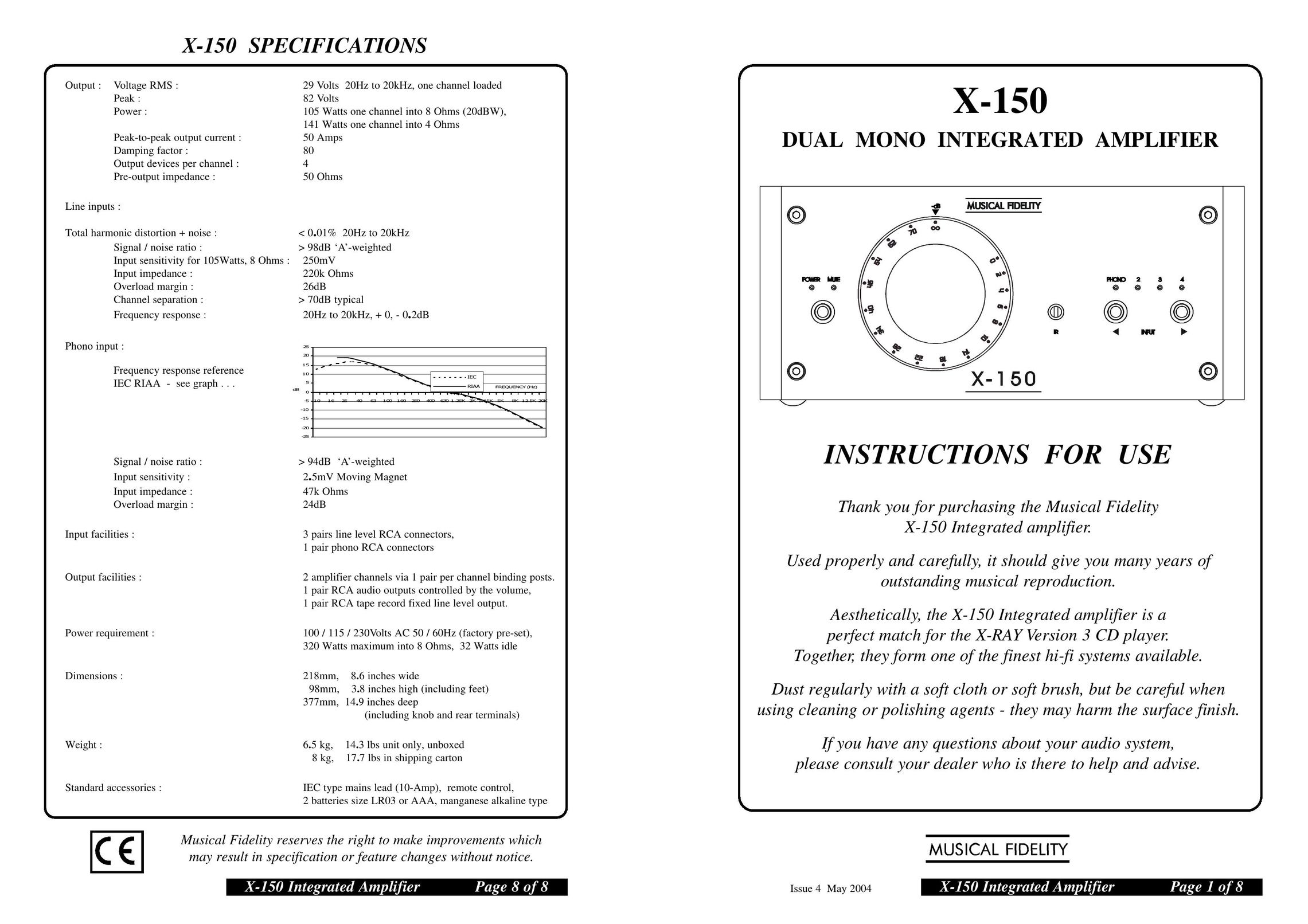 Musical Fidelity X-150 Stereo Amplifier User Manual
