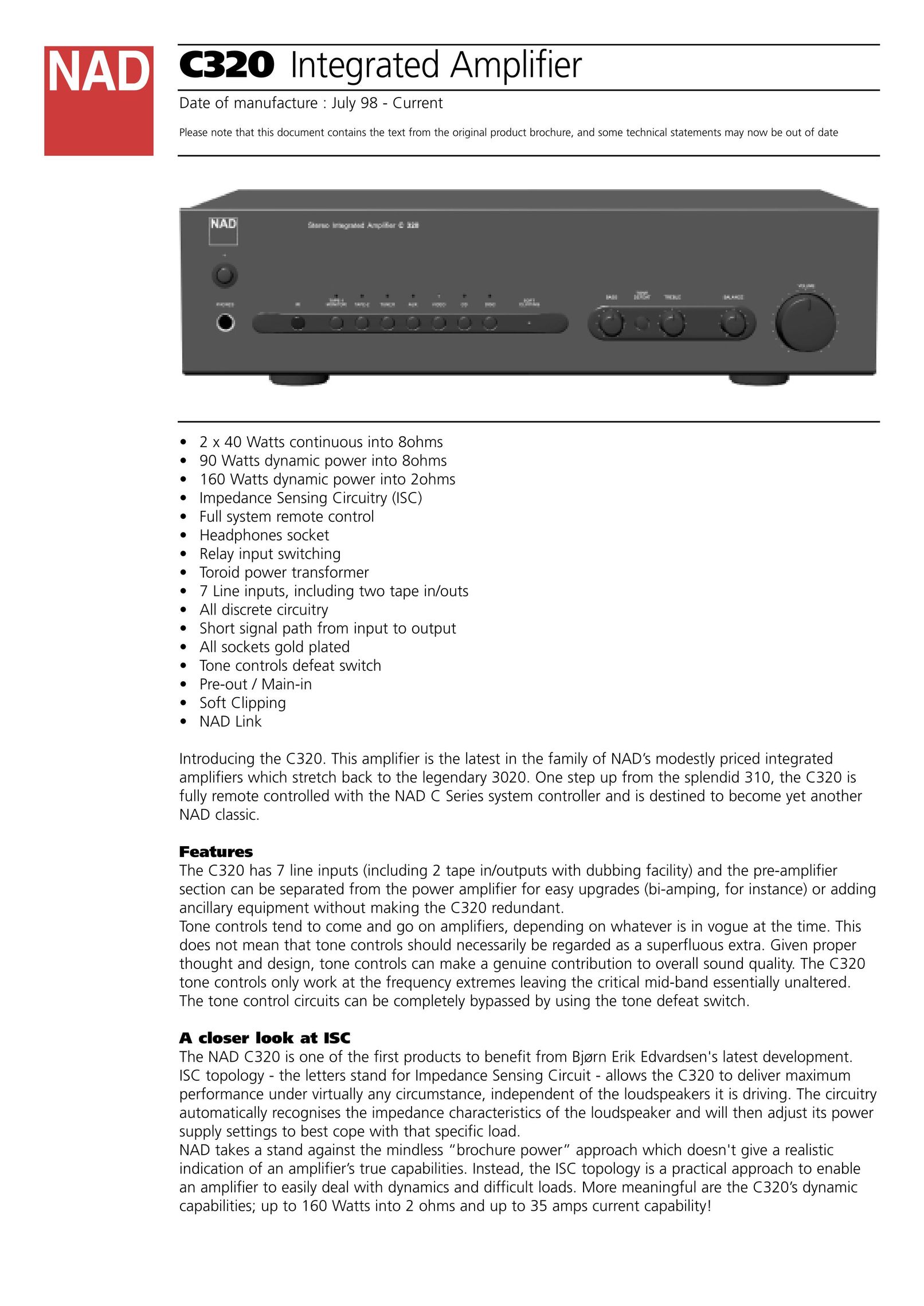 NAD C320 Stereo Amplifier User Manual