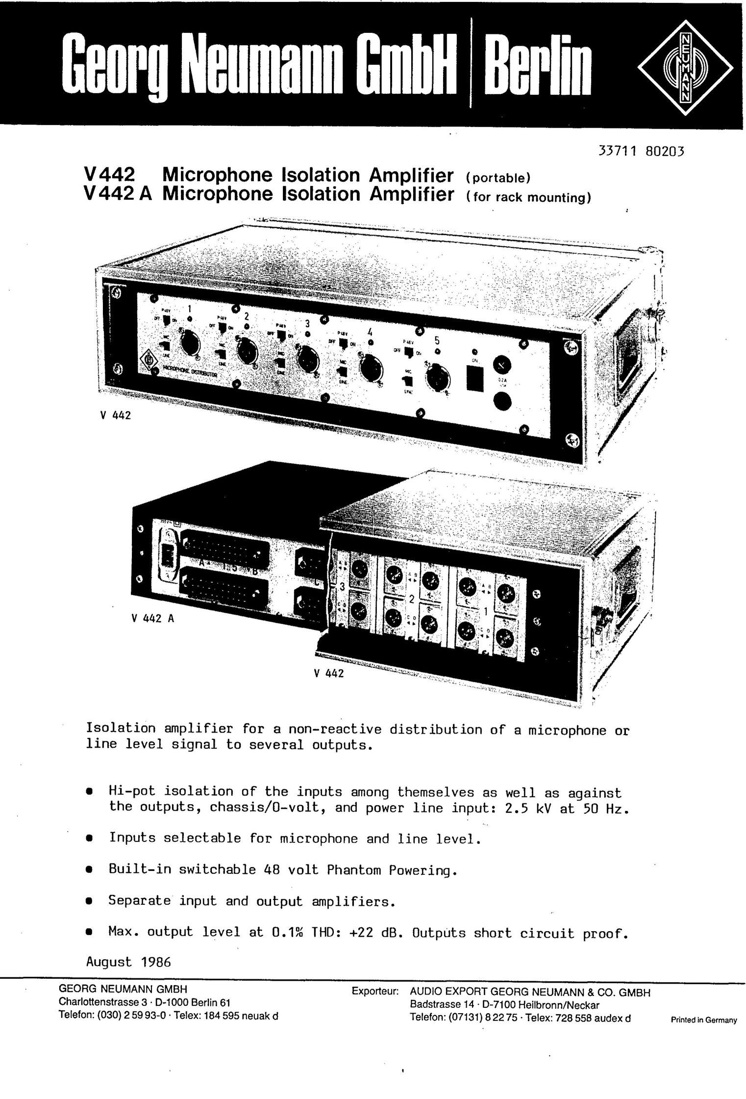Neumann.Berlin V442 A Stereo Amplifier User Manual