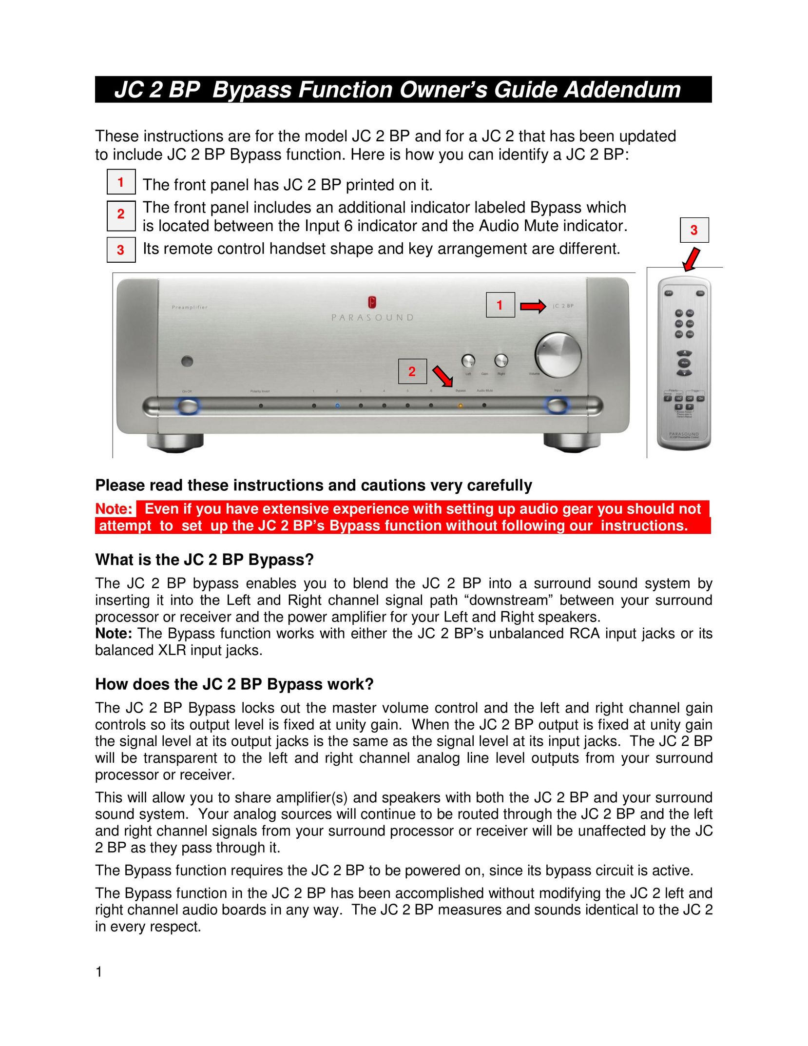 Parasound JC 2 BP Stereo Amplifier User Manual