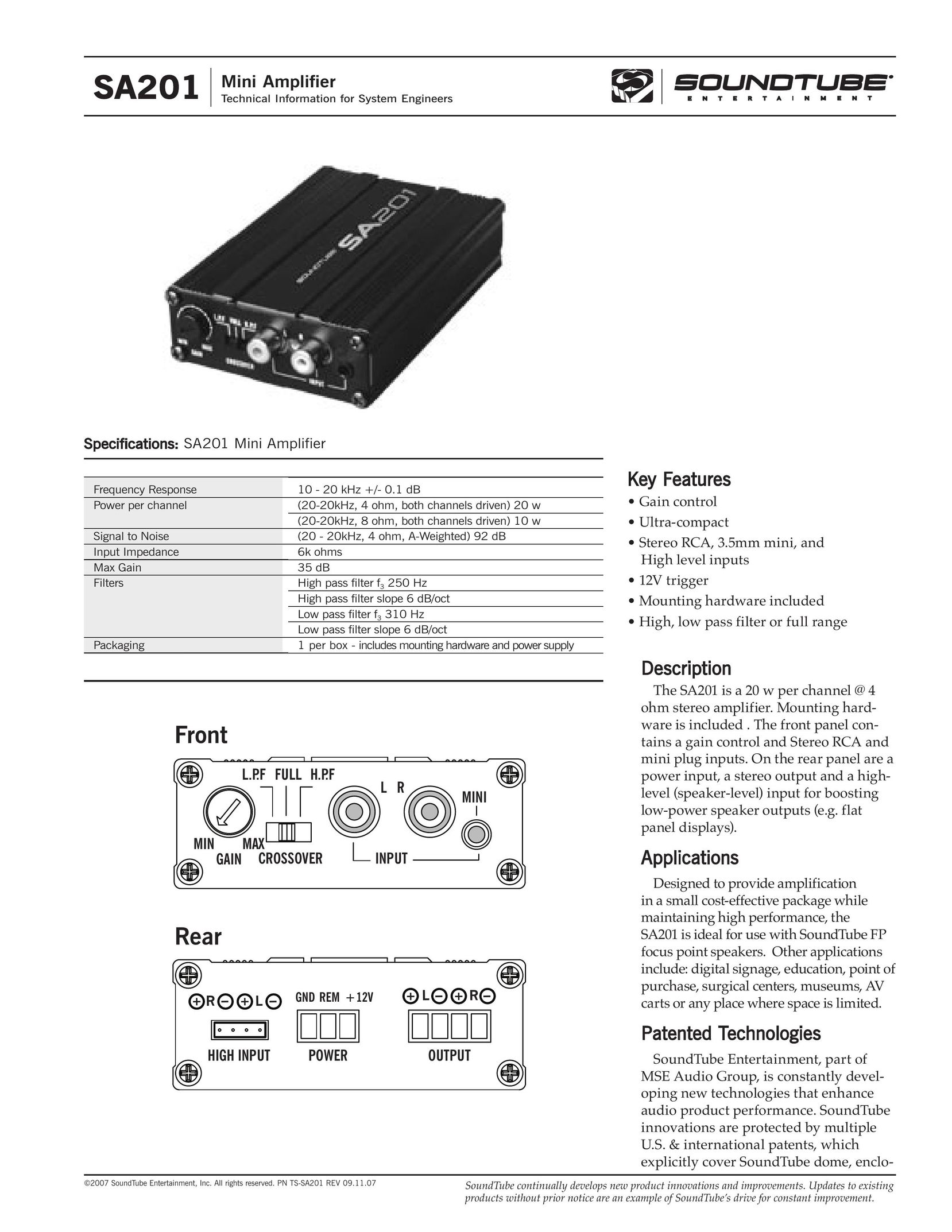 Phase Technology SA201 Stereo Amplifier User Manual