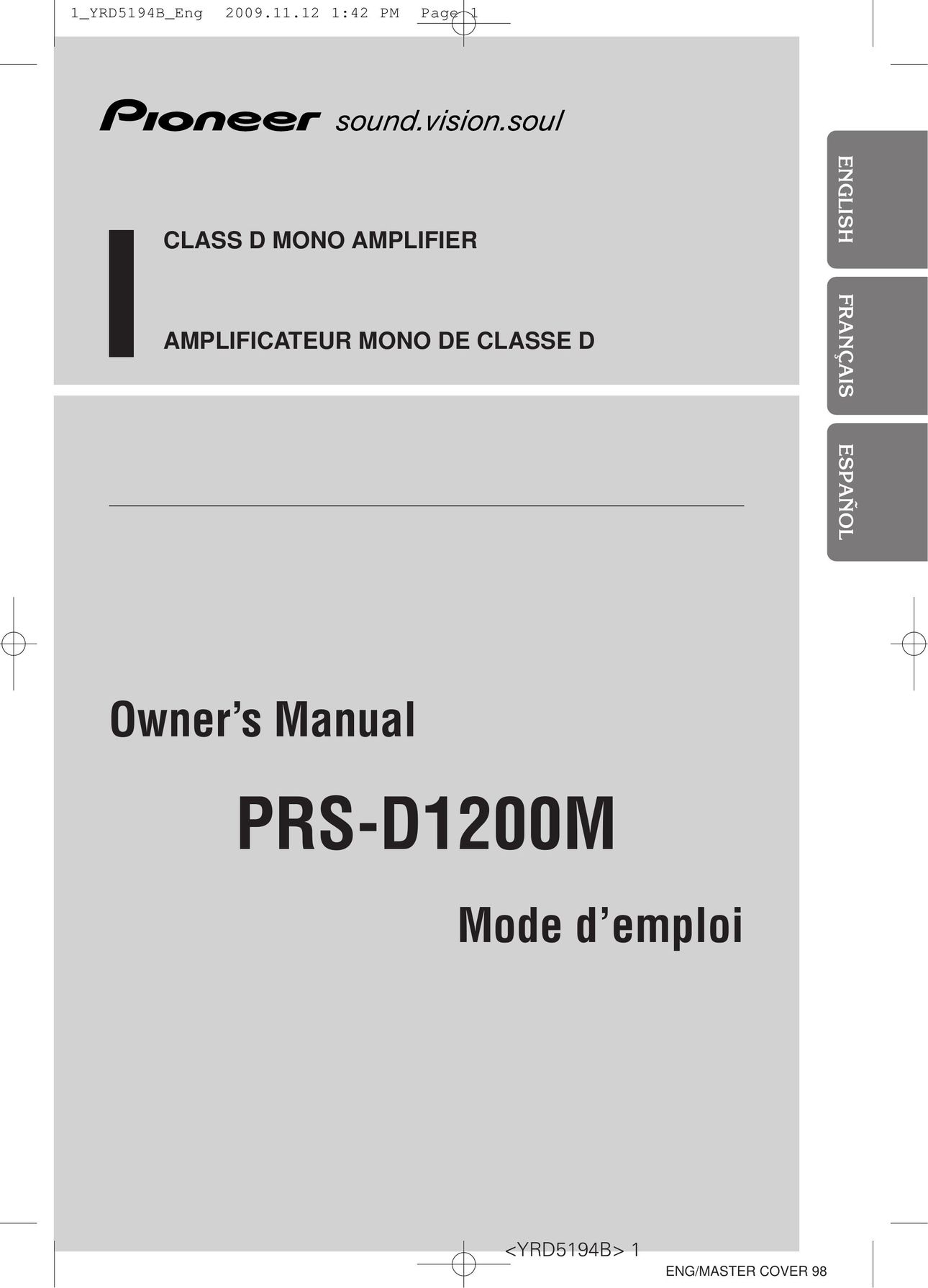 Pioneer PRS-D1200M Stereo Amplifier User Manual