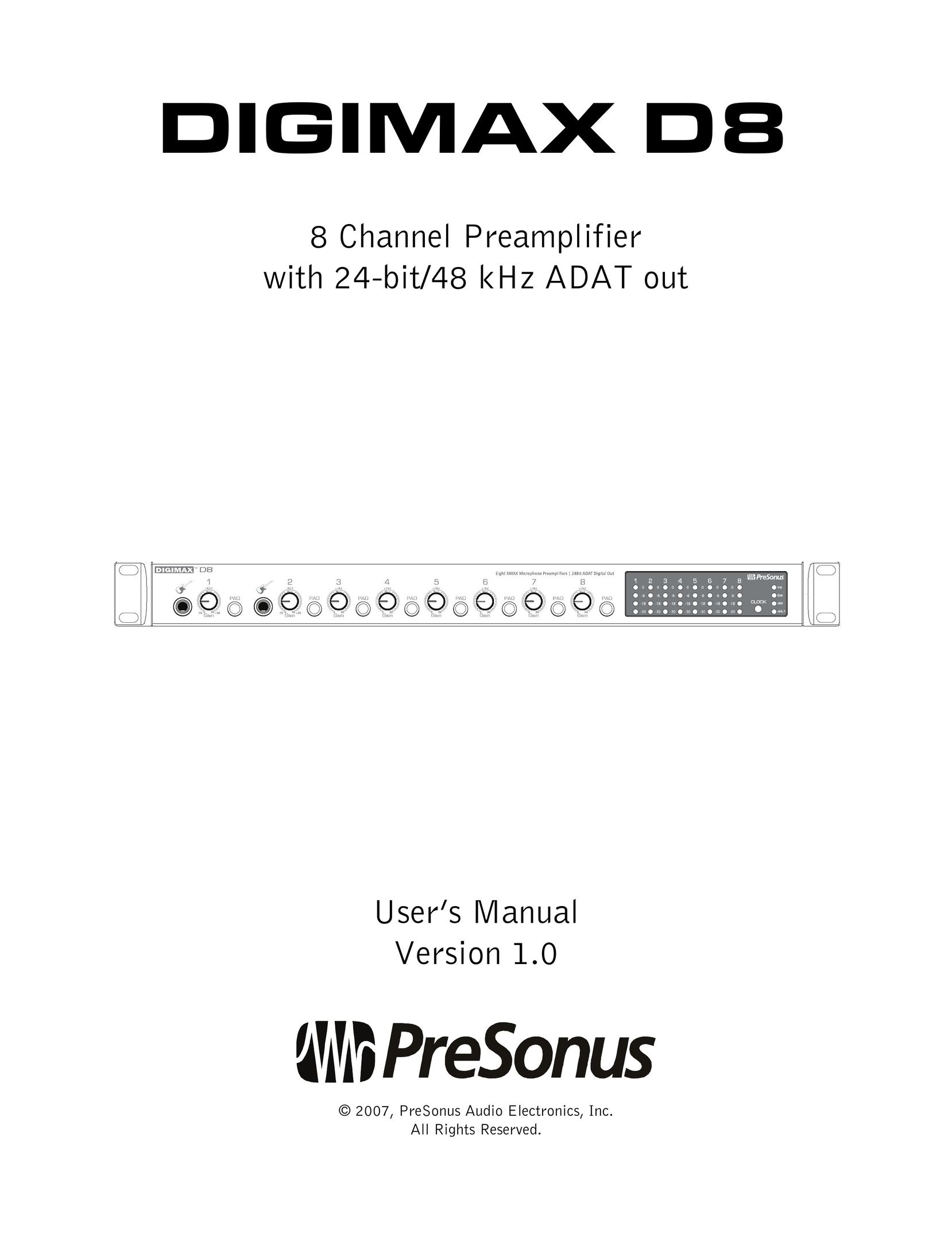 Presonus Audio electronic Digimax 8 Channel Preamplifier with 24 bit/48 kHz ADAT out Stereo Amplifier User Manual