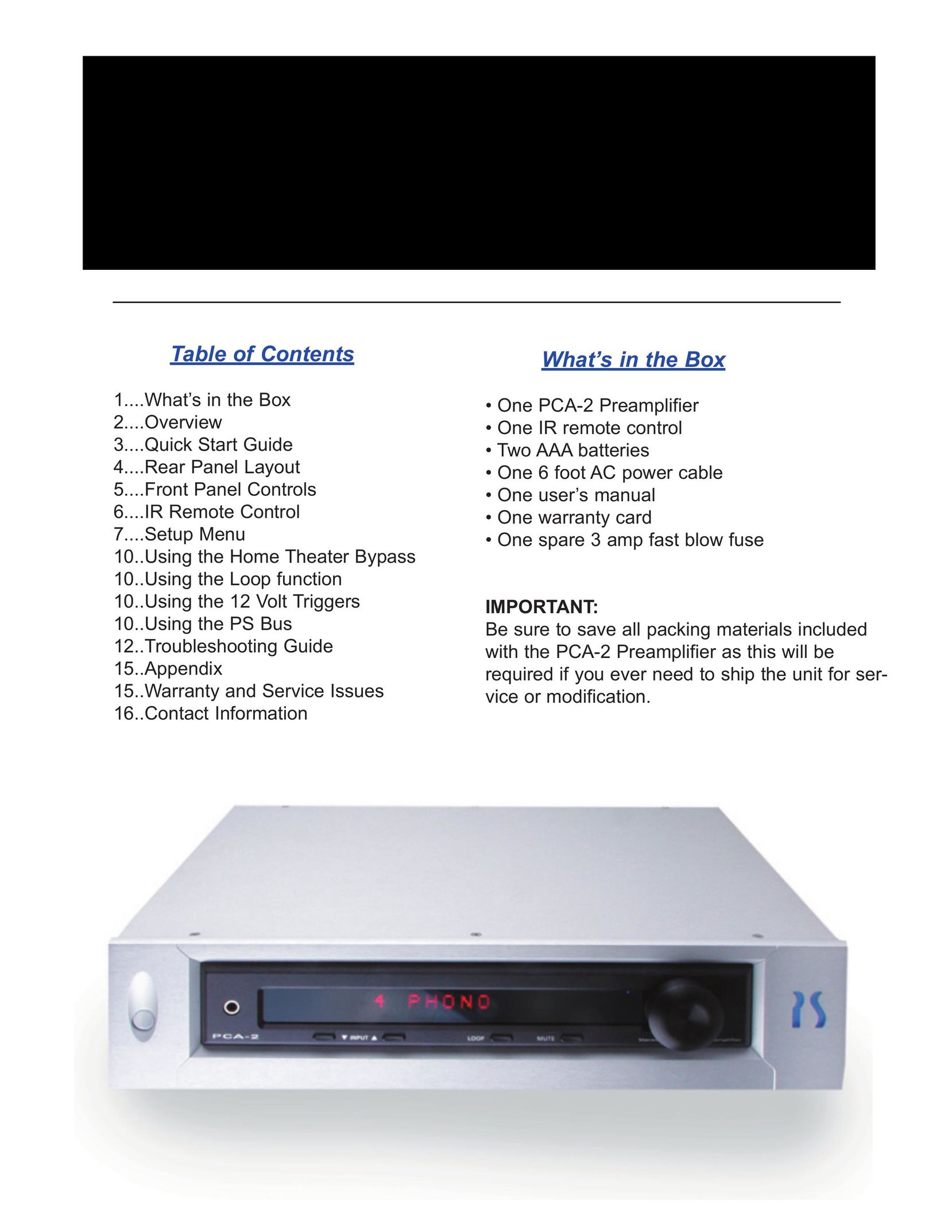 PS Audio PCA-2 Stereo Amplifier User Manual