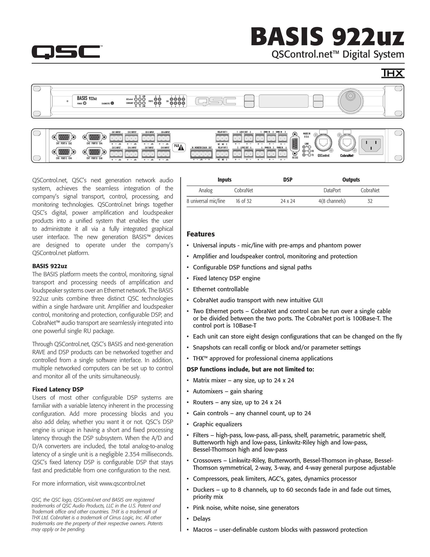 QSC Audio 922uz Stereo Amplifier User Manual
