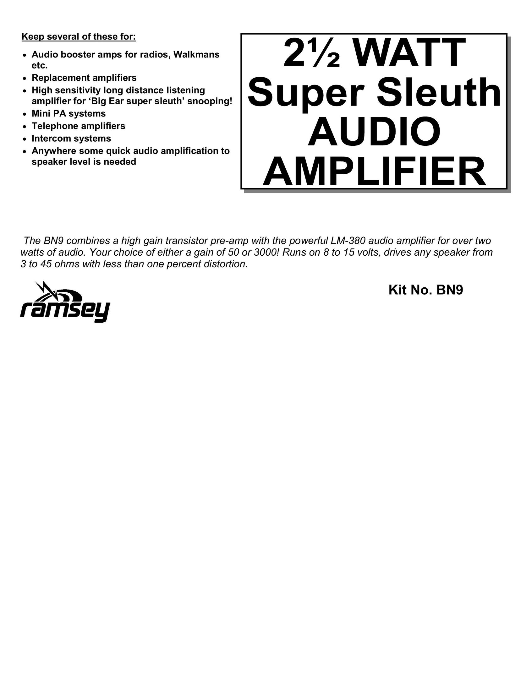 Ramsey Electronics 2 1/2 Watt Super Sleuth Audio Amplifier Stereo Amplifier User Manual