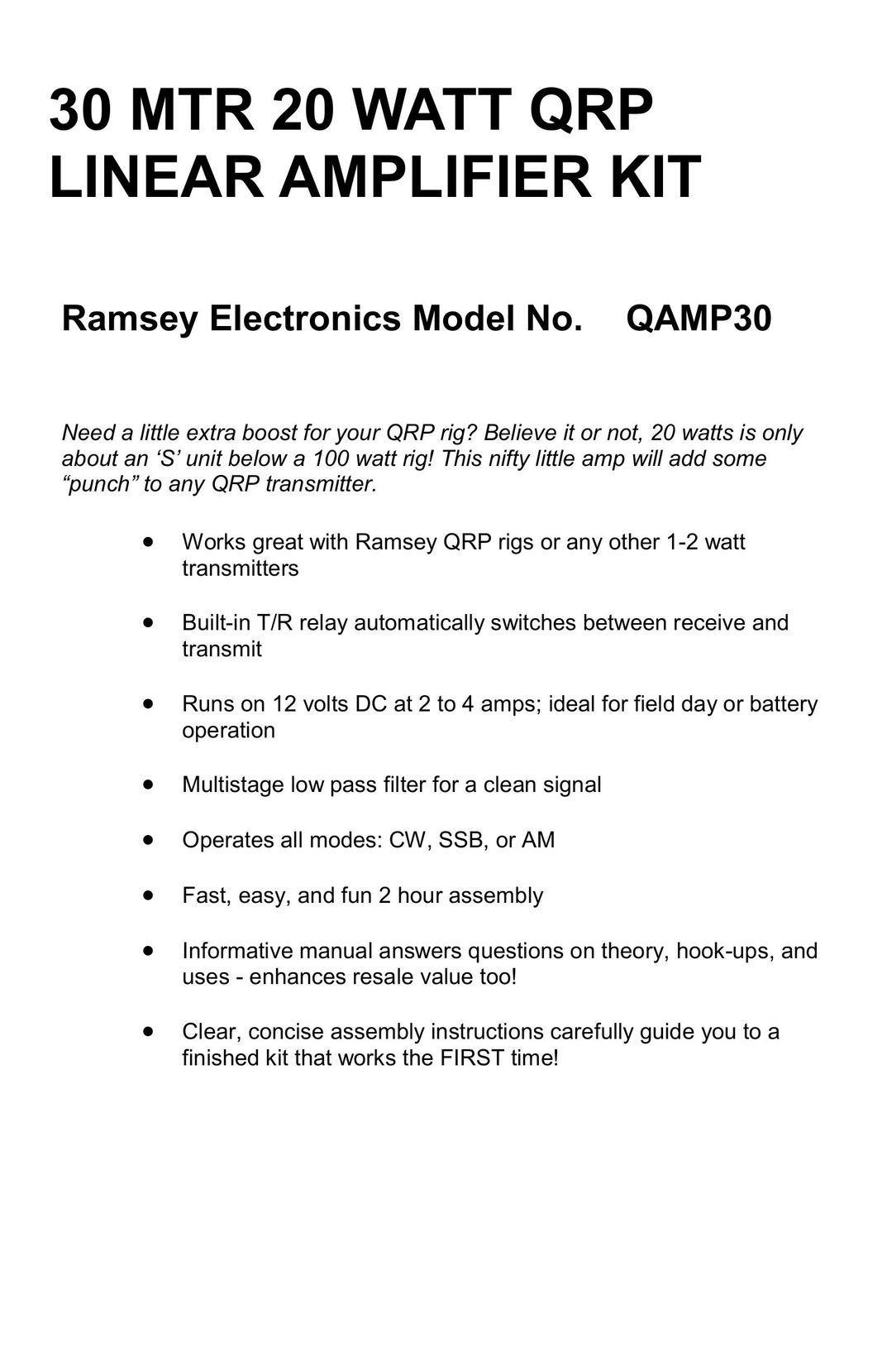 Ramsey Electronics QAMP30 Stereo Amplifier User Manual