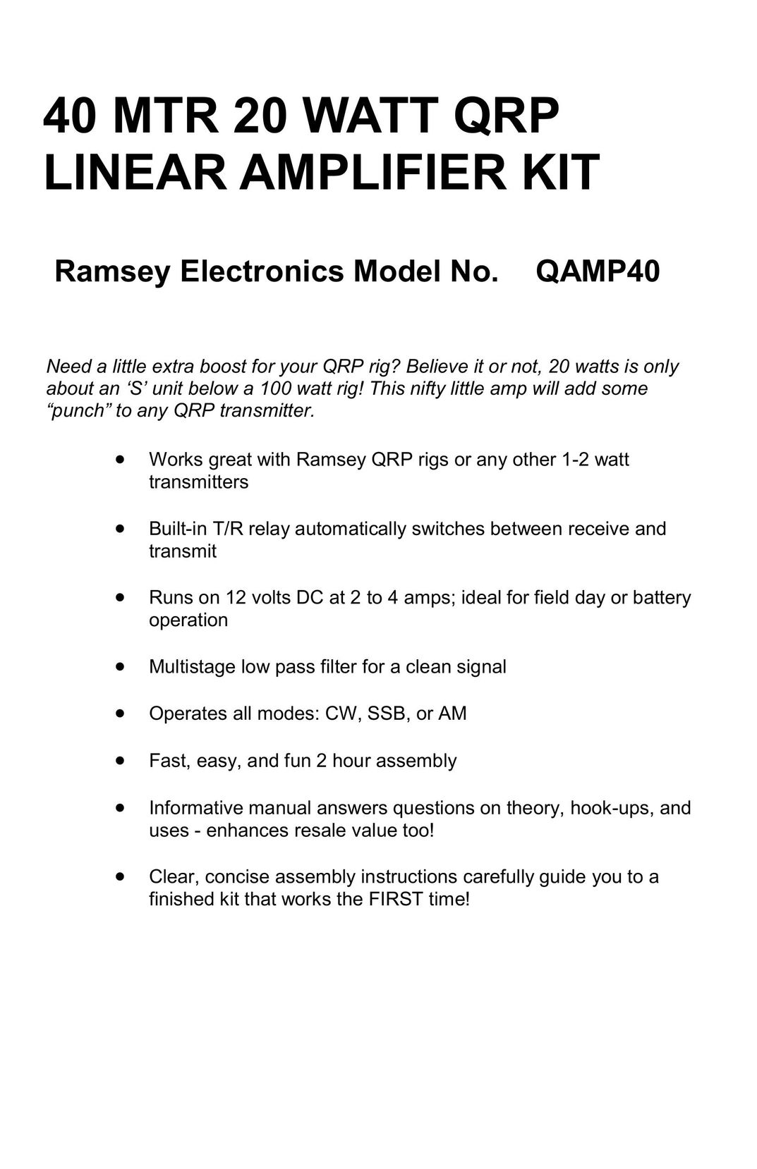 Ramsey Electronics QAMP40 Stereo Amplifier User Manual