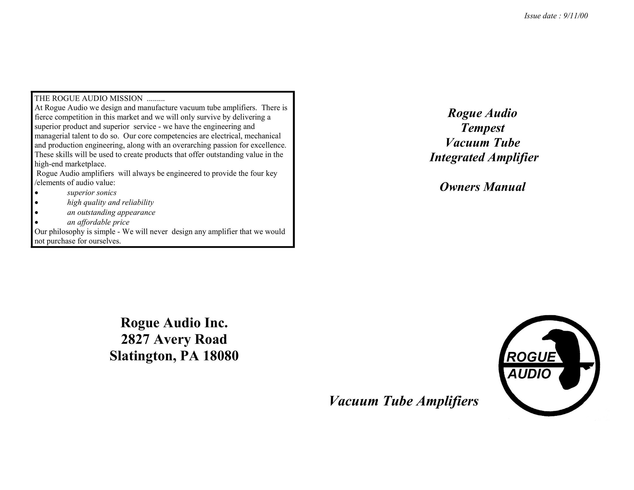 Rogue Audio Tempest Vacuum Tube Integrated Amplifier Stereo Amplifier User Manual