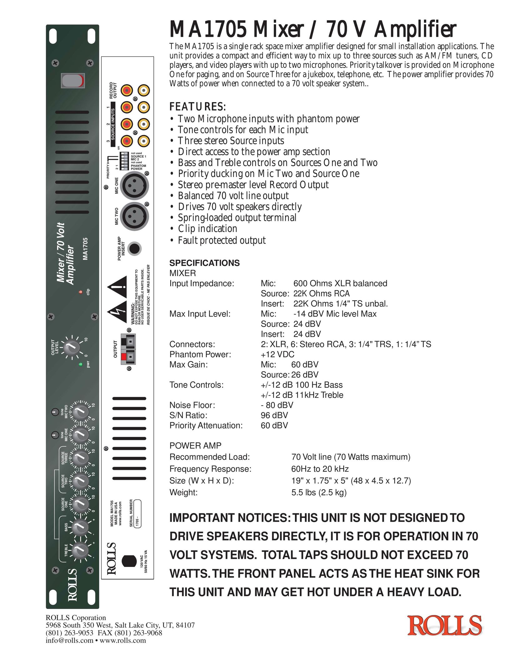 Rolls AMA1705 Stereo Amplifier User Manual