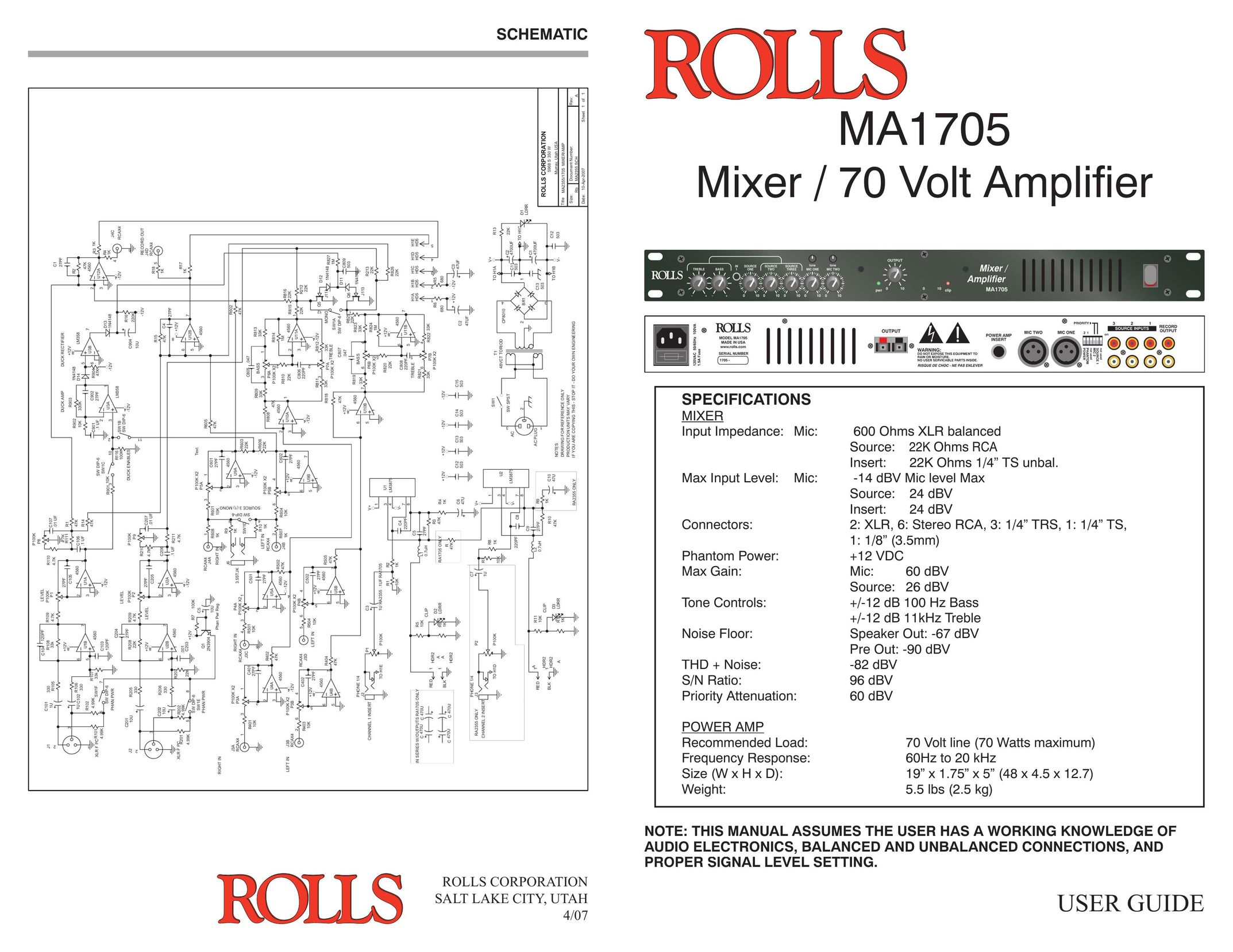 Rolls MA1705 Stereo Amplifier User Manual