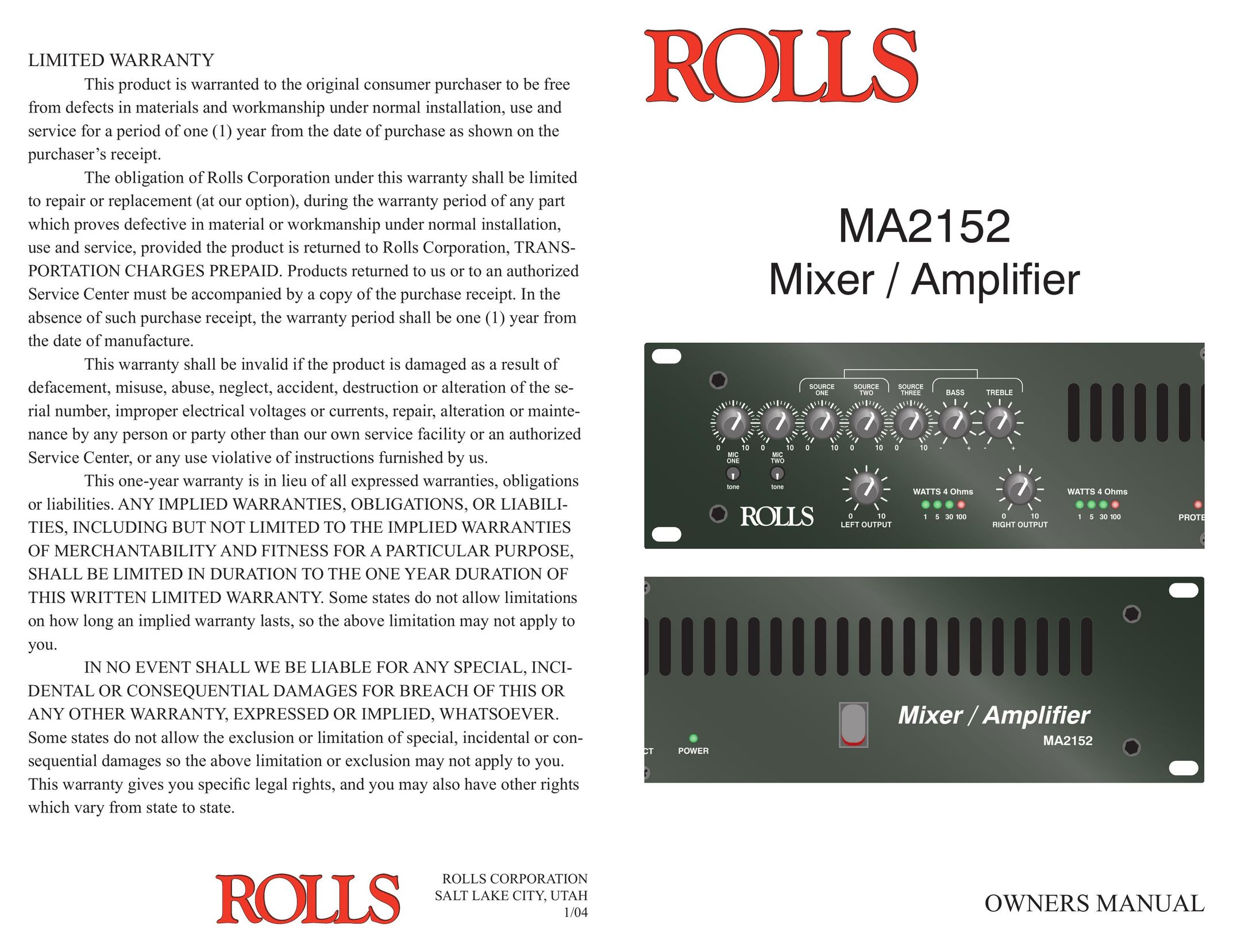 Rolls MA2152 Stereo Amplifier User Manual