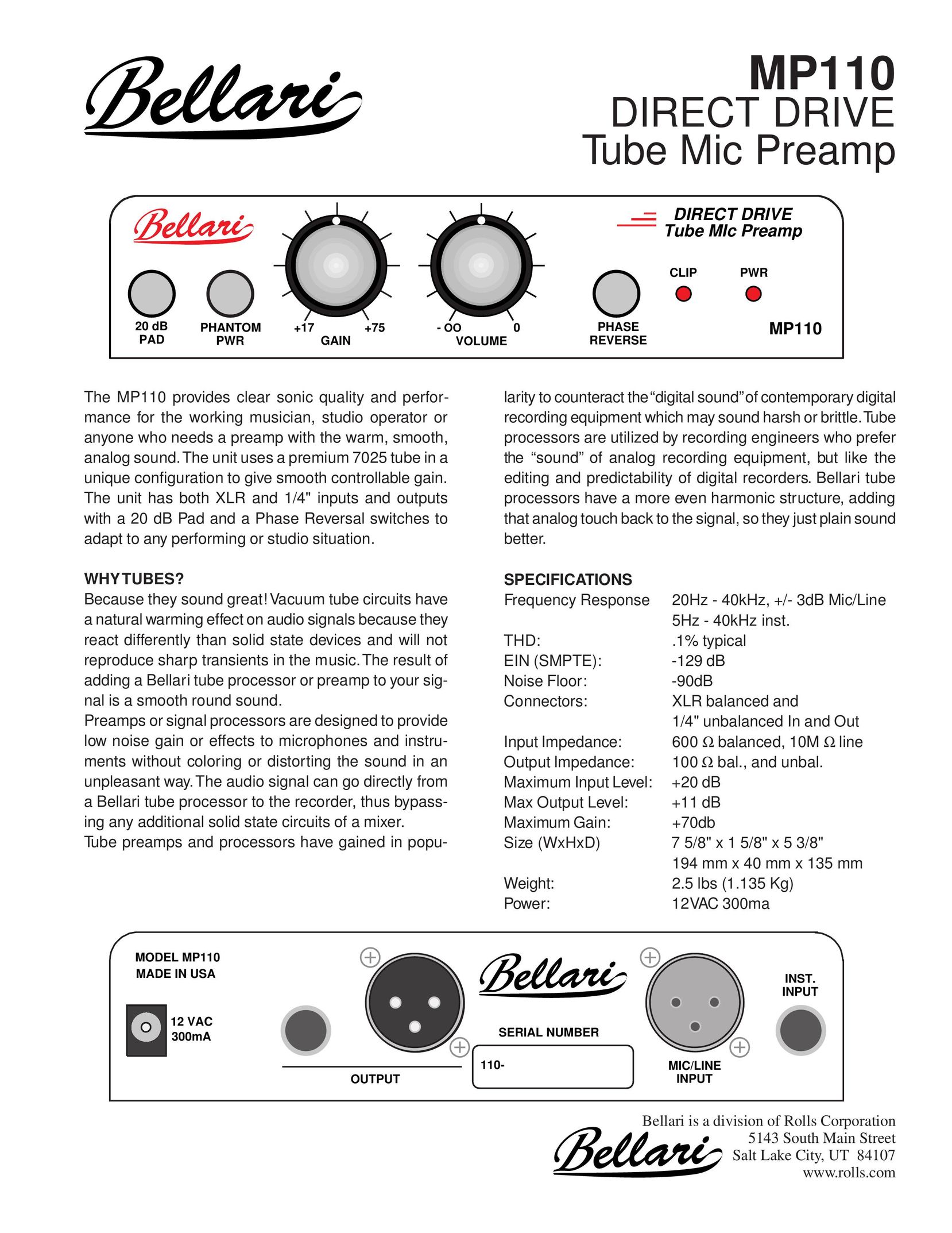Rolls MP110 Stereo Amplifier User Manual