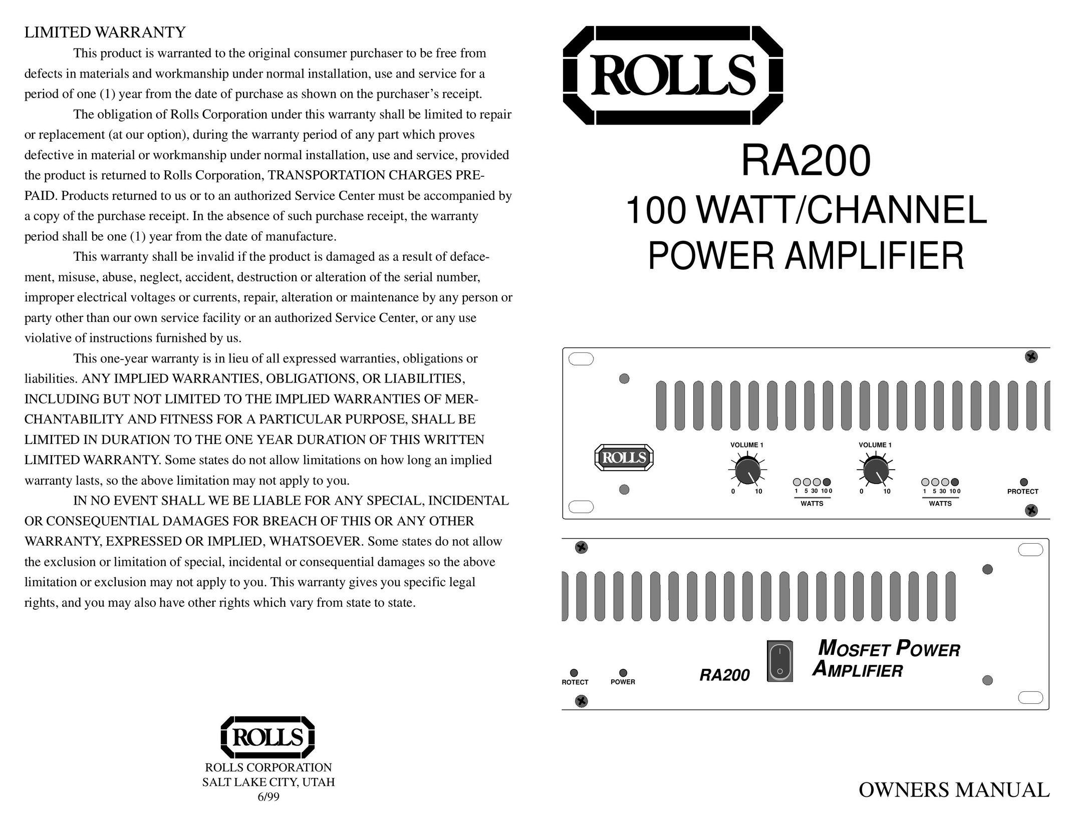 Rolls RA200 Stereo Amplifier User Manual