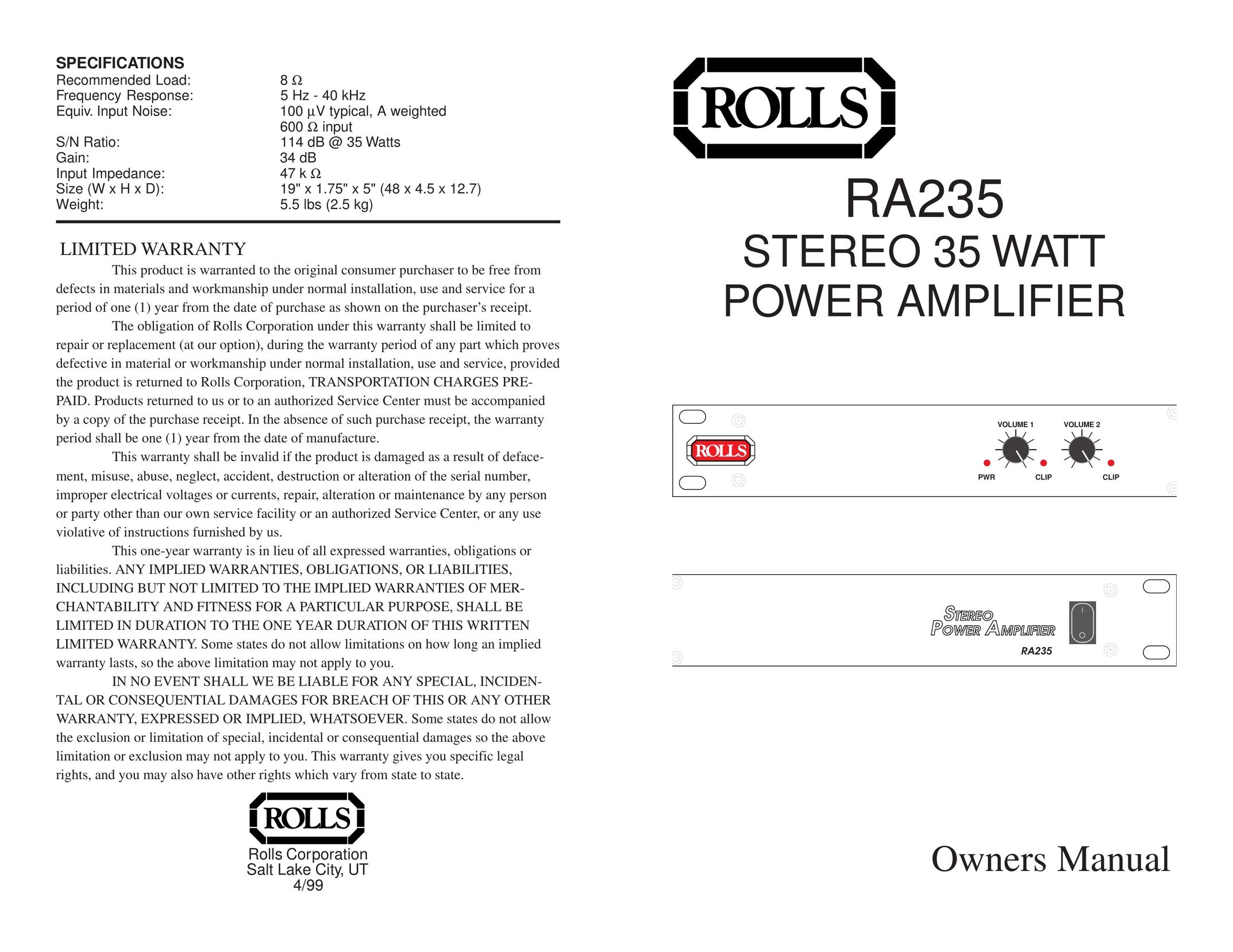 Rolls RA235 Stereo Amplifier User Manual