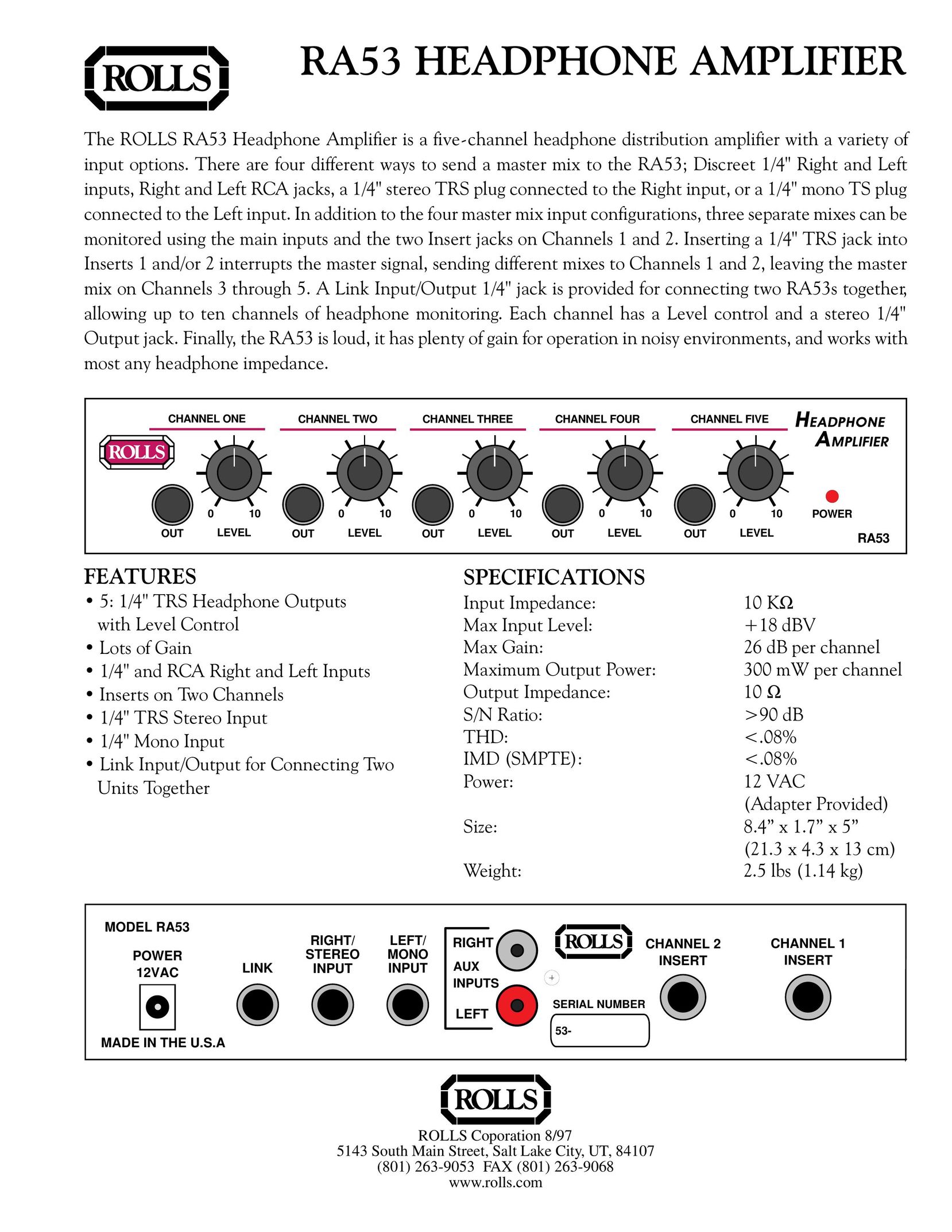 Rolls RA53 Stereo Amplifier User Manual