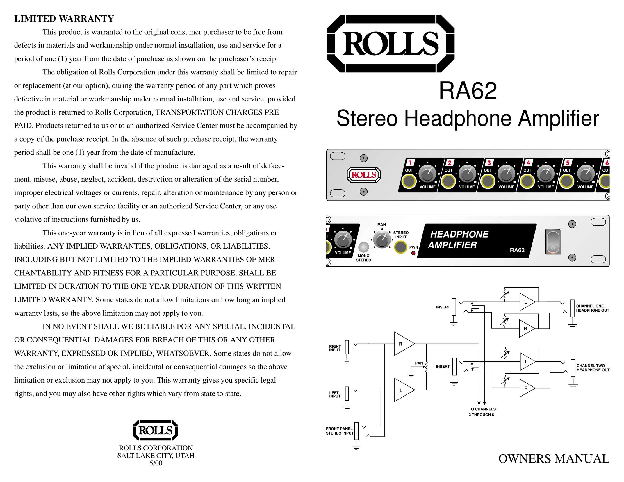 Rolls RA62 Stereo Amplifier User Manual