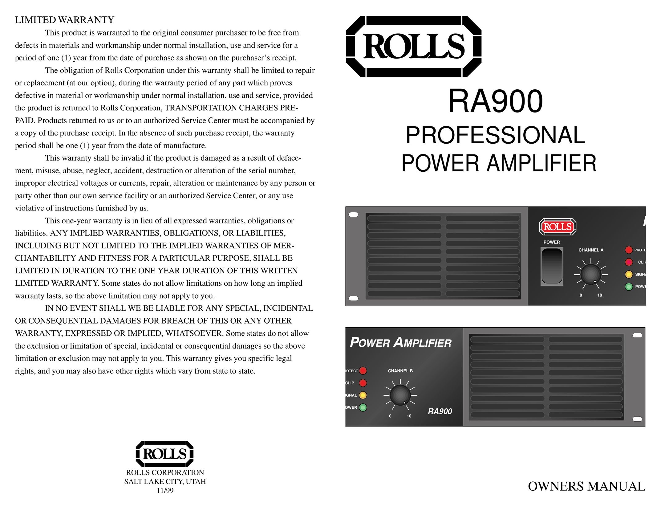Rolls RA900 Stereo Amplifier User Manual