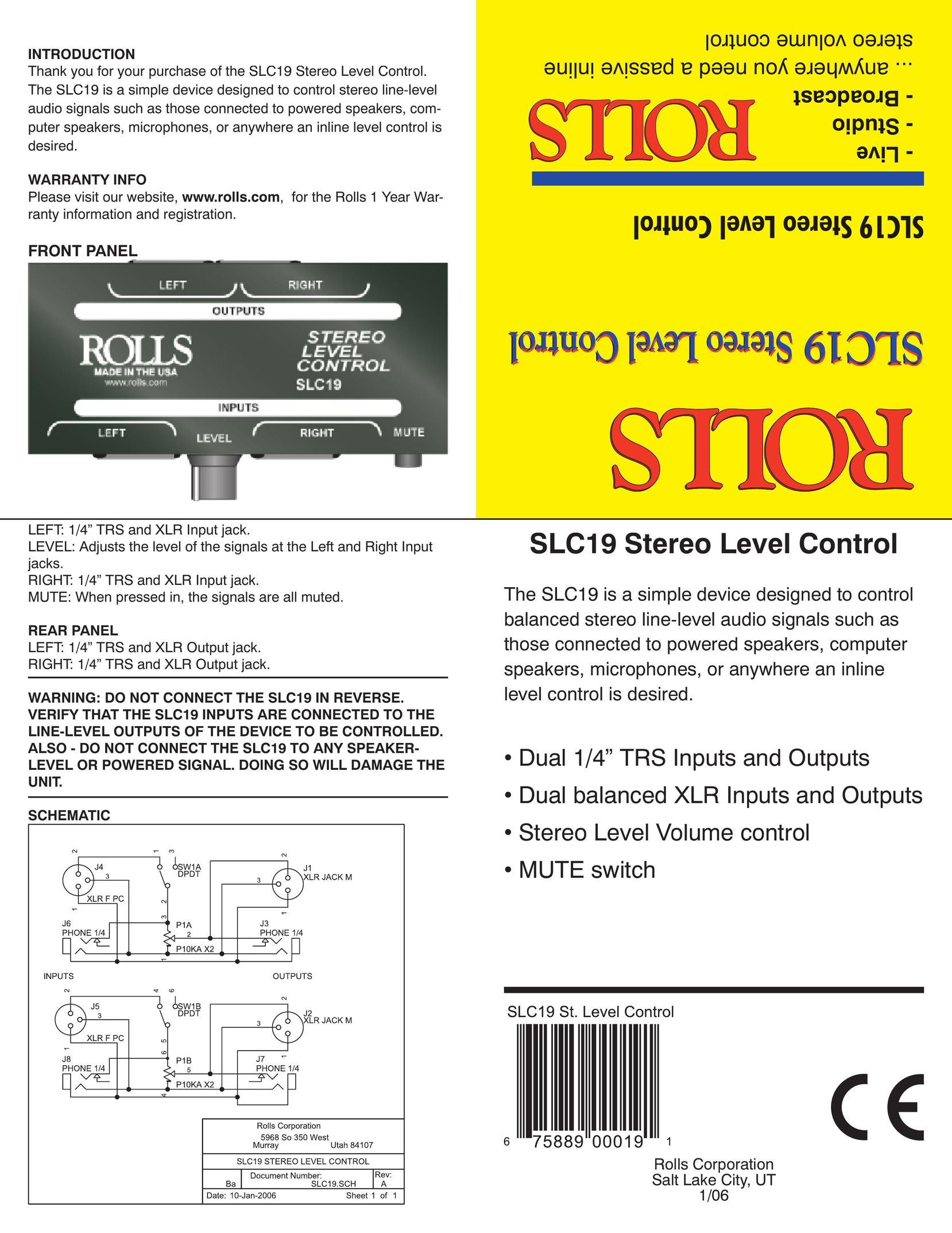 Rolls SLC19 Stereo Amplifier User Manual