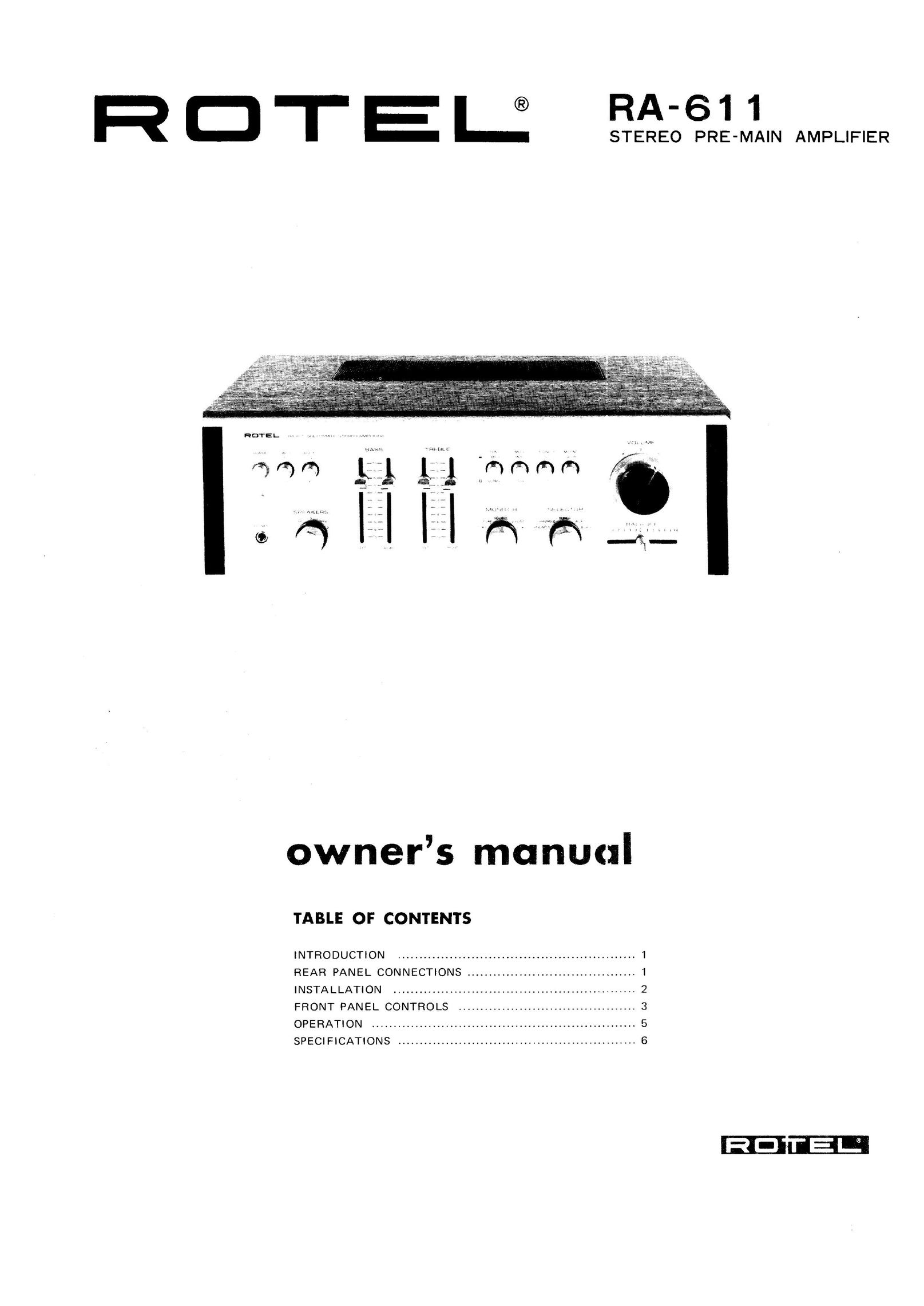 Rotel RA-611 Stereo Amplifier User Manual