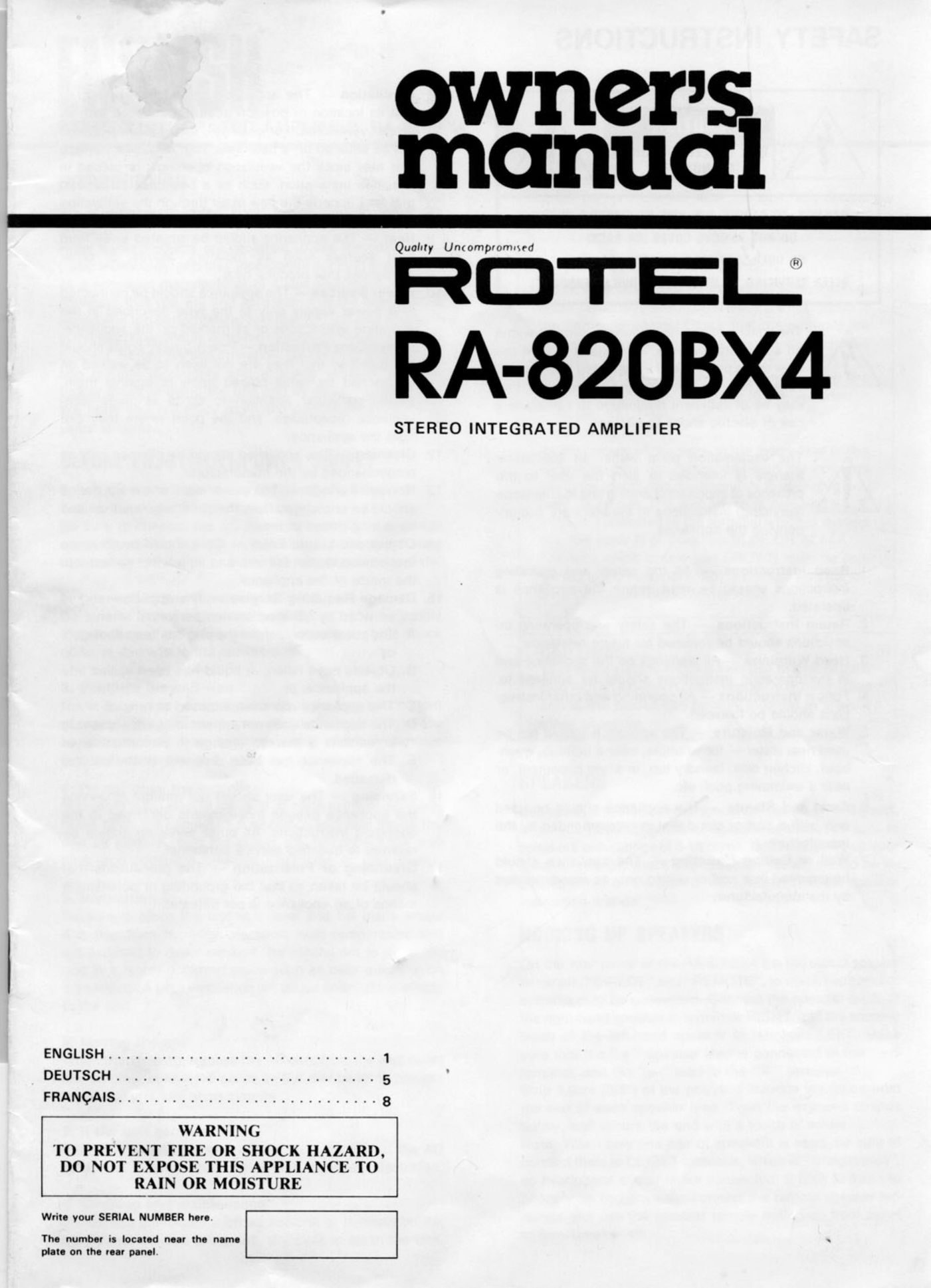 Rotel RA820BX4 Stereo Amplifier User Manual