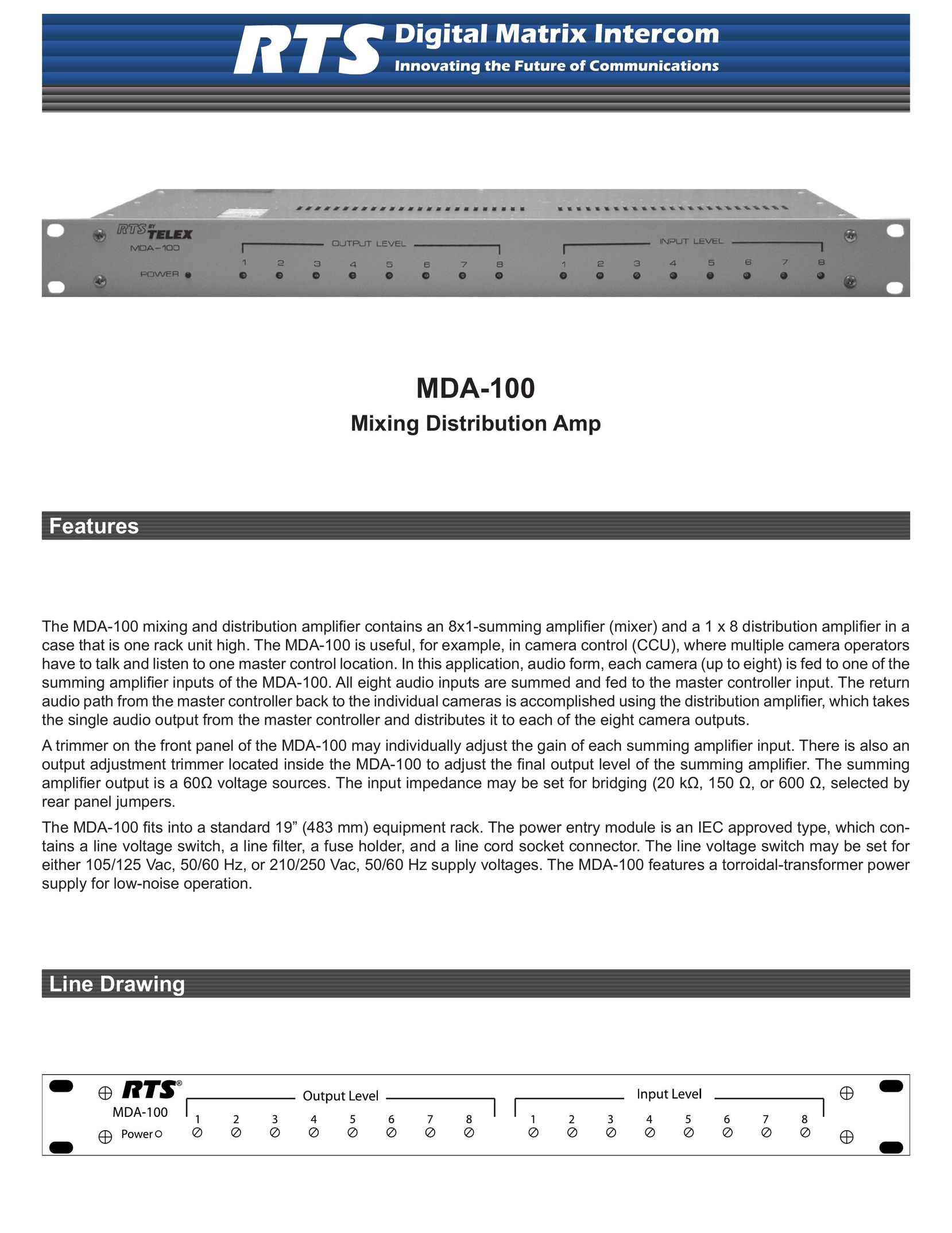 RTS MDA-100 Stereo Amplifier User Manual