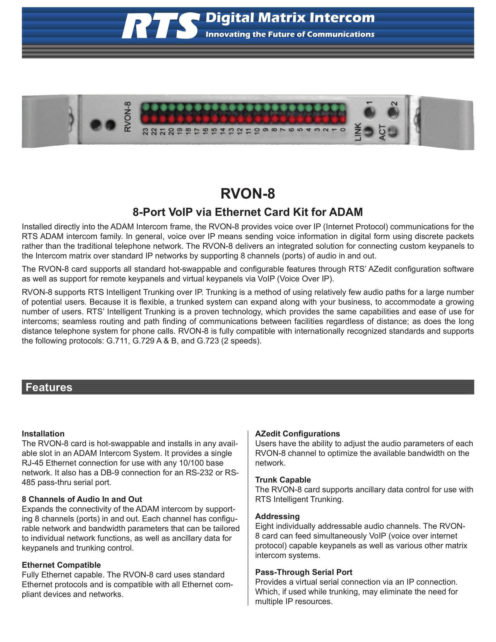 RTS RVON-8 Stereo Amplifier User Manual