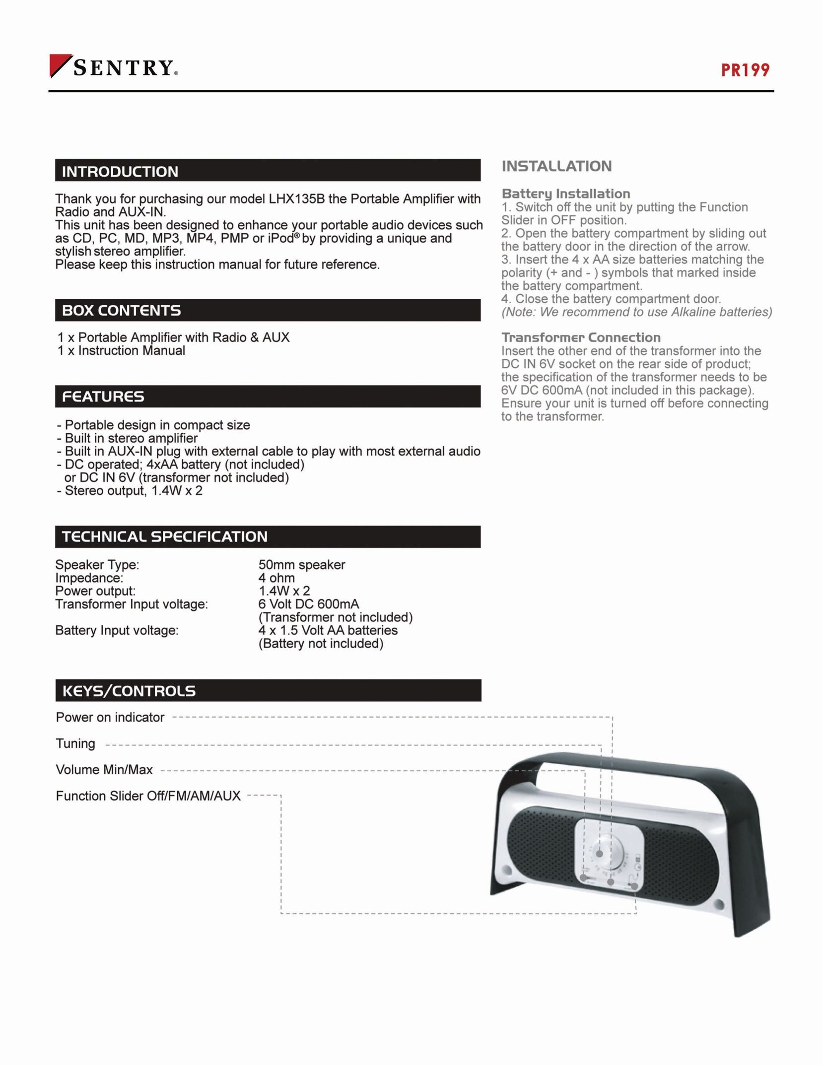 Sentry Industries PR199 Stereo Amplifier User Manual